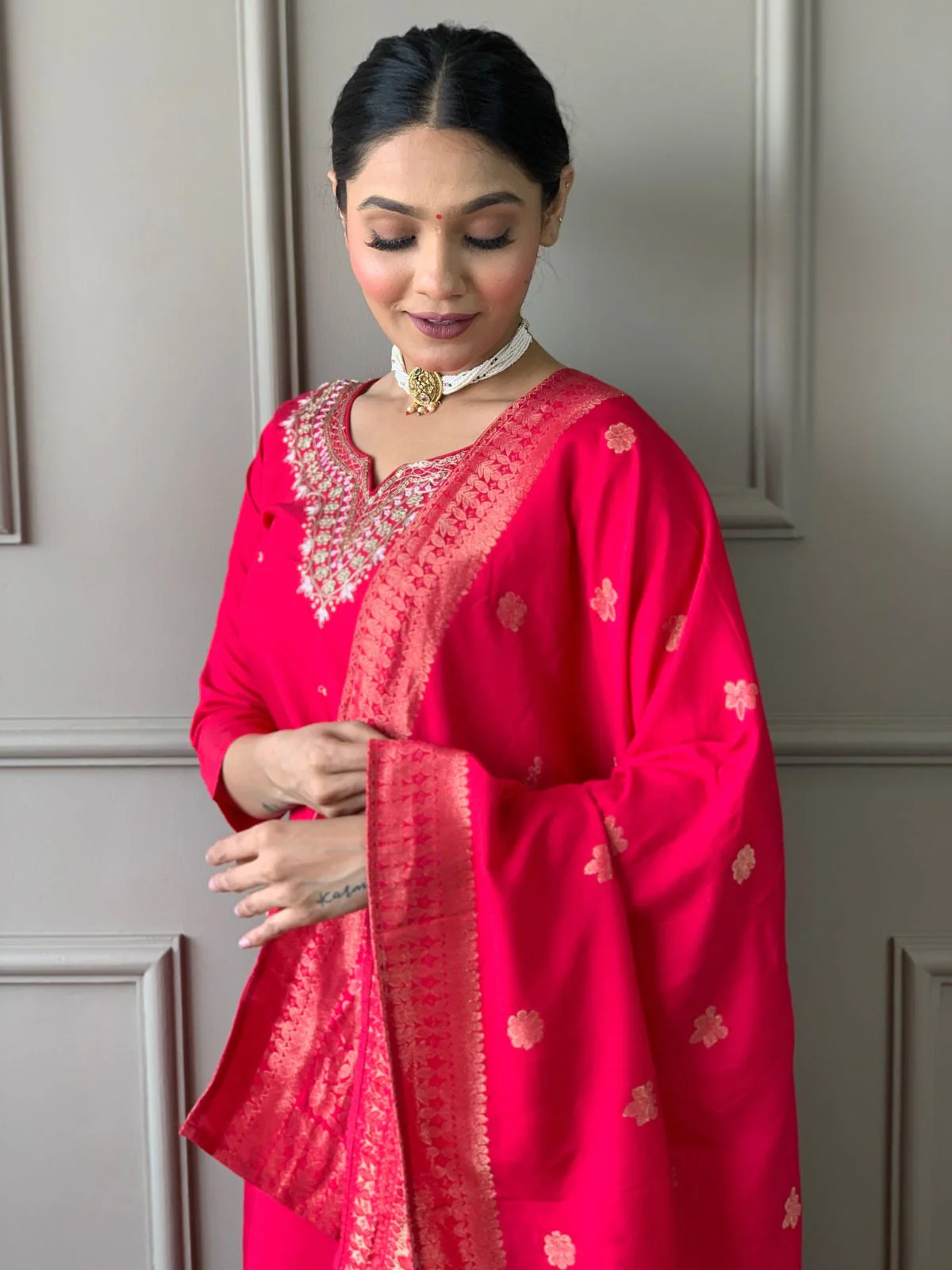 Odette Red Embroidered Viscose Stitched Kurta Set For Women - Image 4