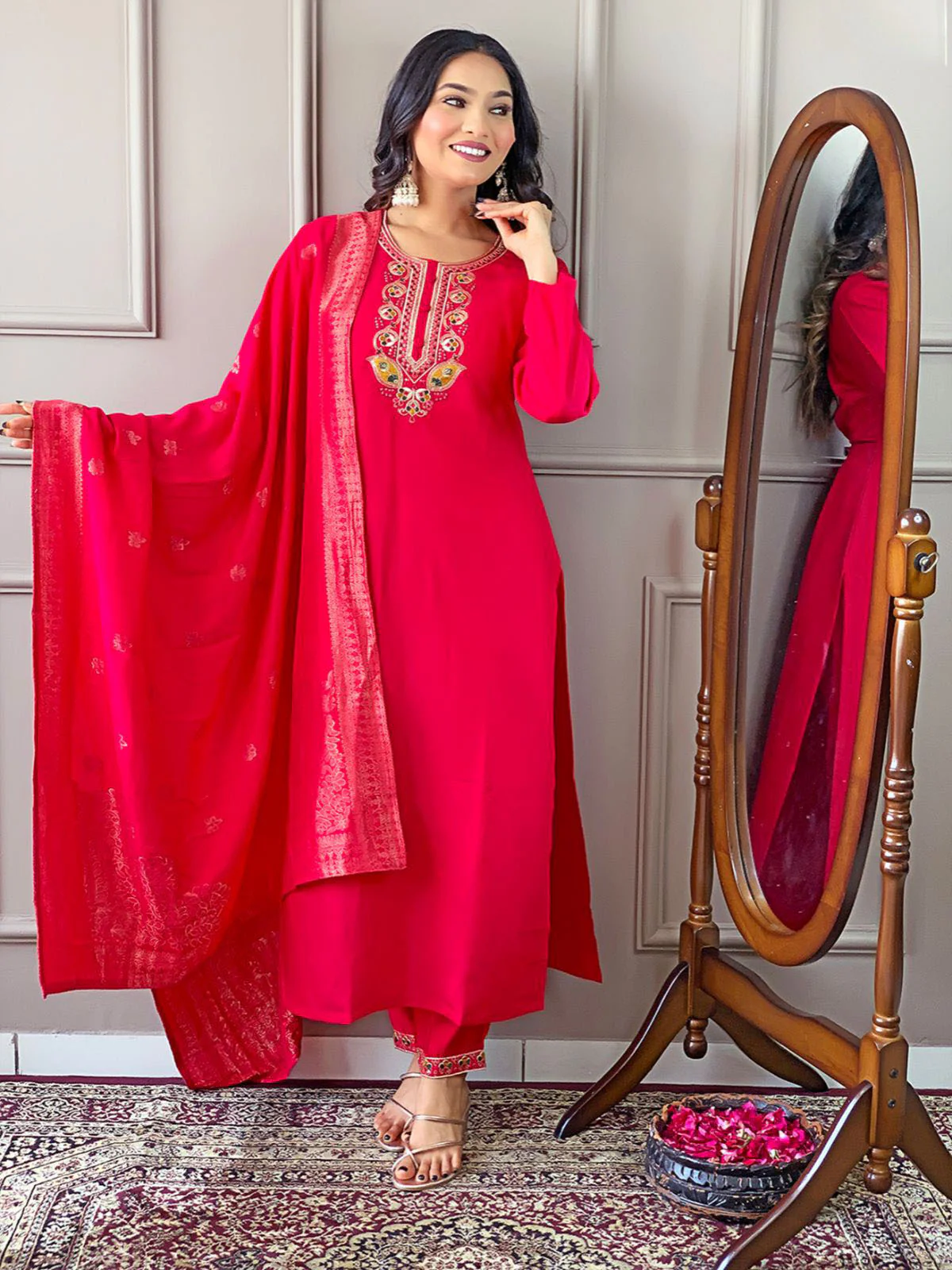 Odette Red Embroidered Viscose Silk Stitched Kurta Salwar Set For Women