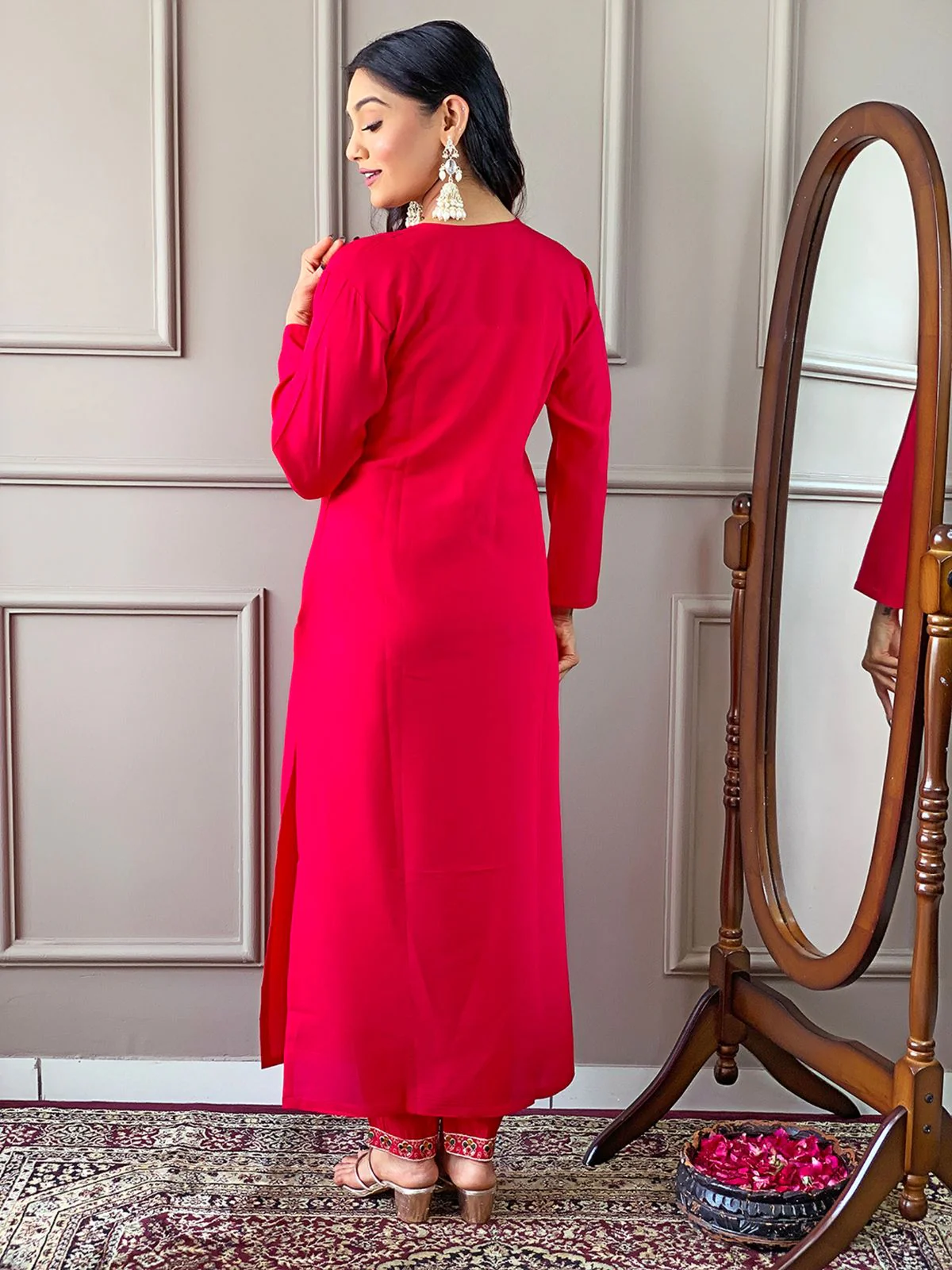 Odette Red Embroidered Viscose Silk Stitched Kurta Salwar Set For Women - Image 4
