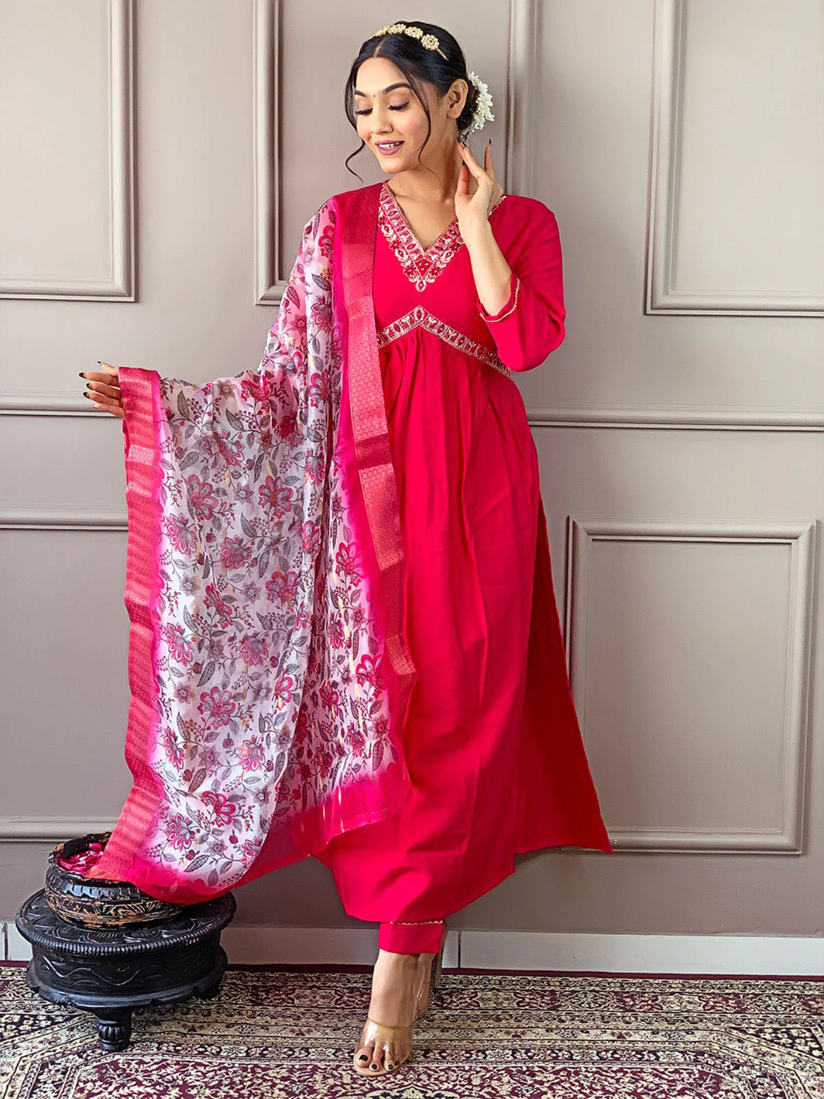 Odette Red Embroidered Viscose Silk Stitched Kurta Salwar Set For Women