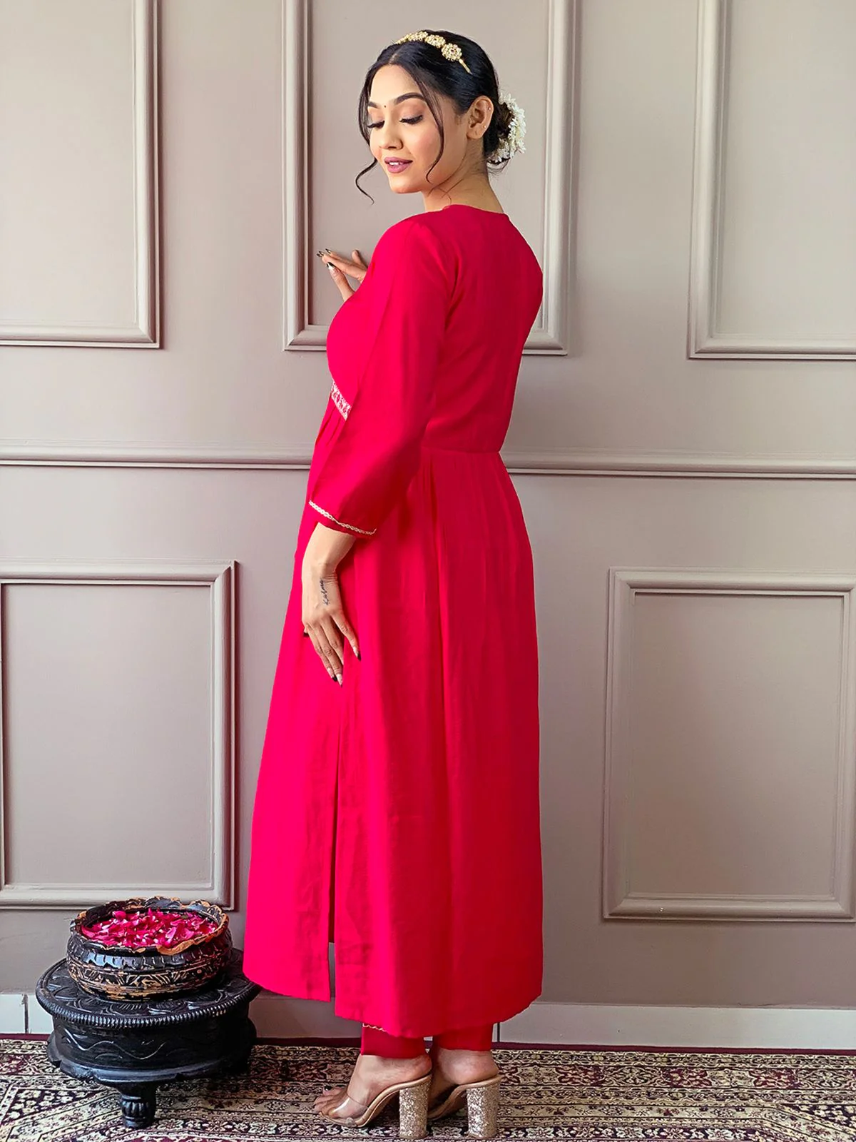Odette Red Embroidered Viscose Silk Stitched Kurta Salwar Set For Women - Image 2