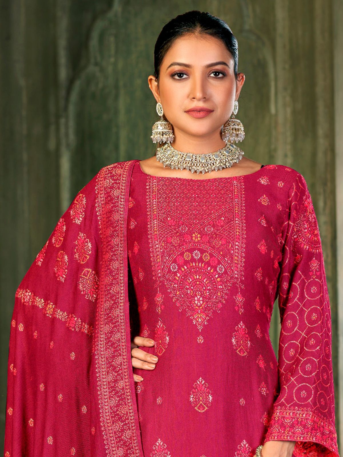 Odette Red Embroidered Viscose Semi Stitched Kurta Set For Women - Image 2
