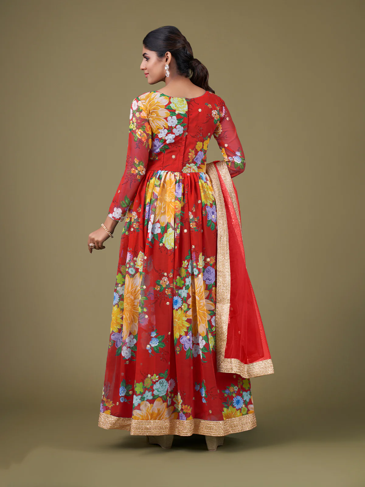 Odette Red Faux Georgette Printed Semi Stitched Anarkali Kurta Set For Women - Image 3
