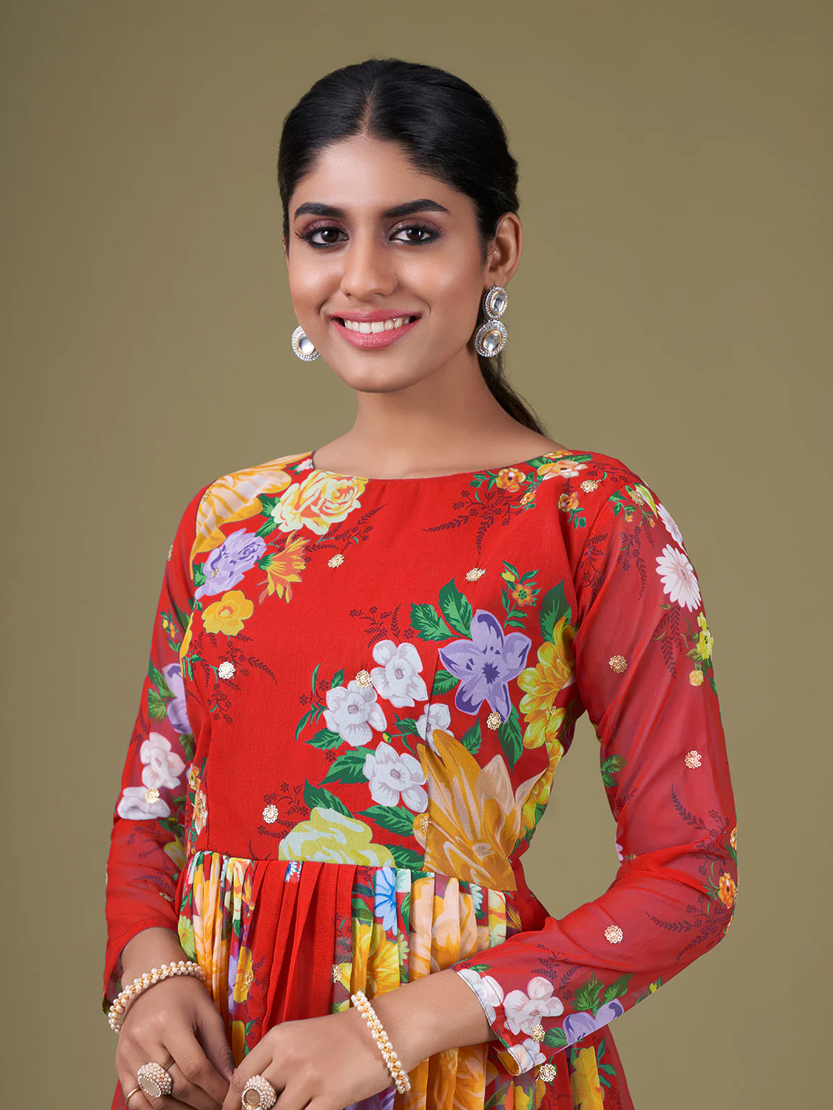 Odette Red Faux Georgette Printed Semi Stitched Anarkali Kurta Set For Women - Image 4