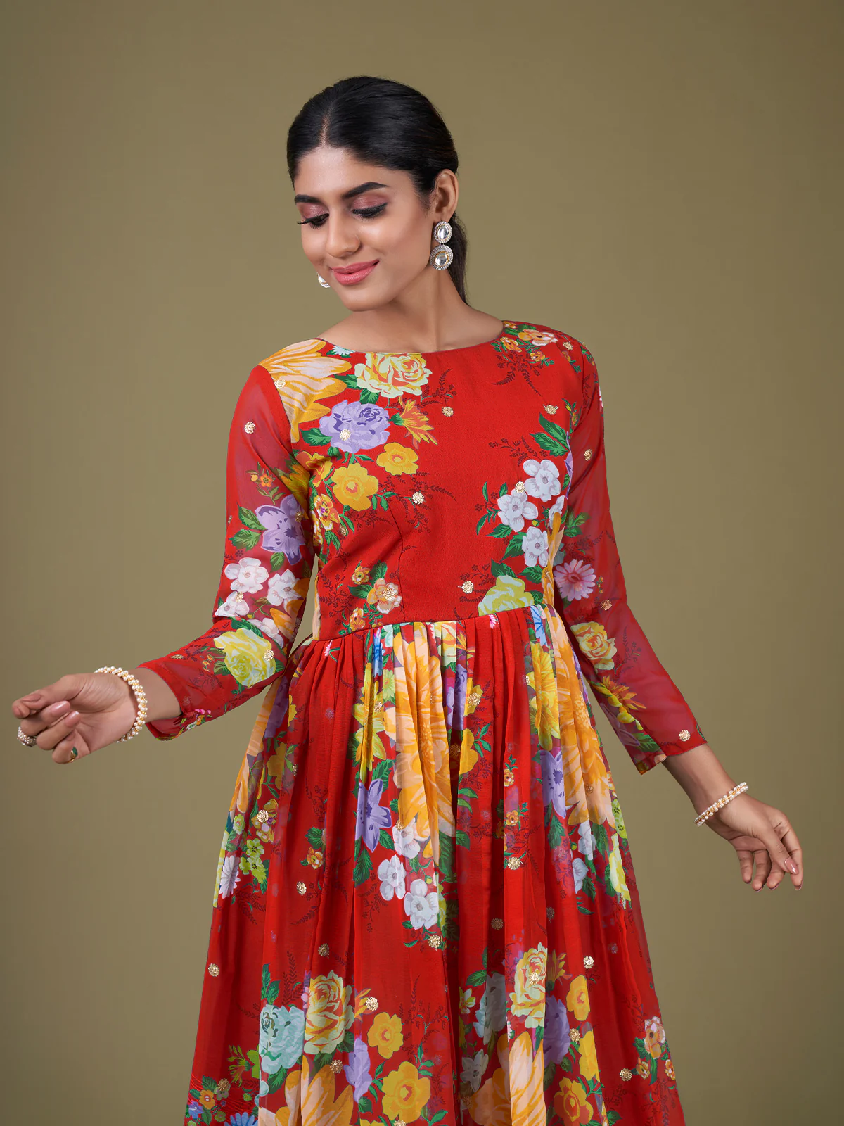 Odette Red Faux Georgette Printed Semi Stitched Anarkali Kurta Set For Women - Image 5