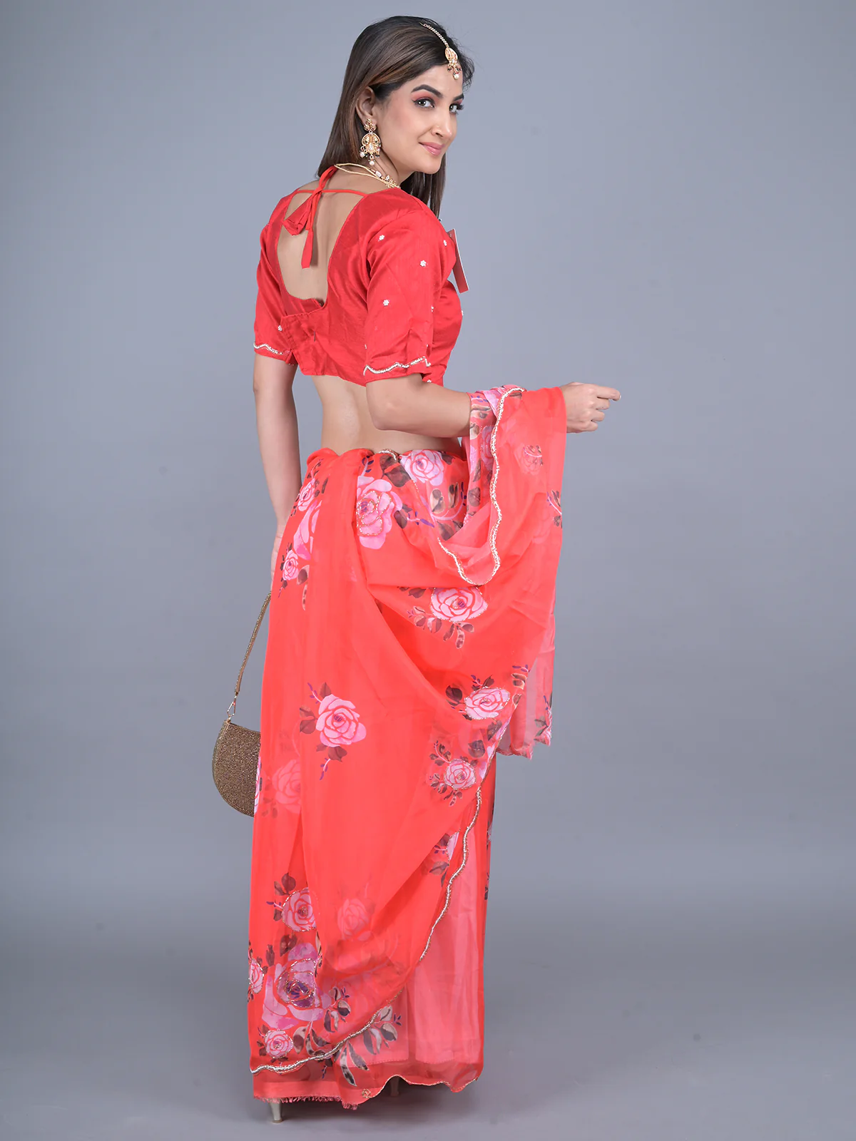Odette Red Floral Printed Embroidered Soft Organza Saree with Unstitched Blouse for Women - Image 3