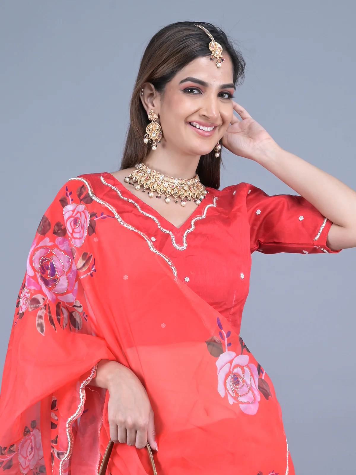 Odette Red Floral Printed Embroidered Soft Organza Saree with Unstitched Blouse for Women - Image 4