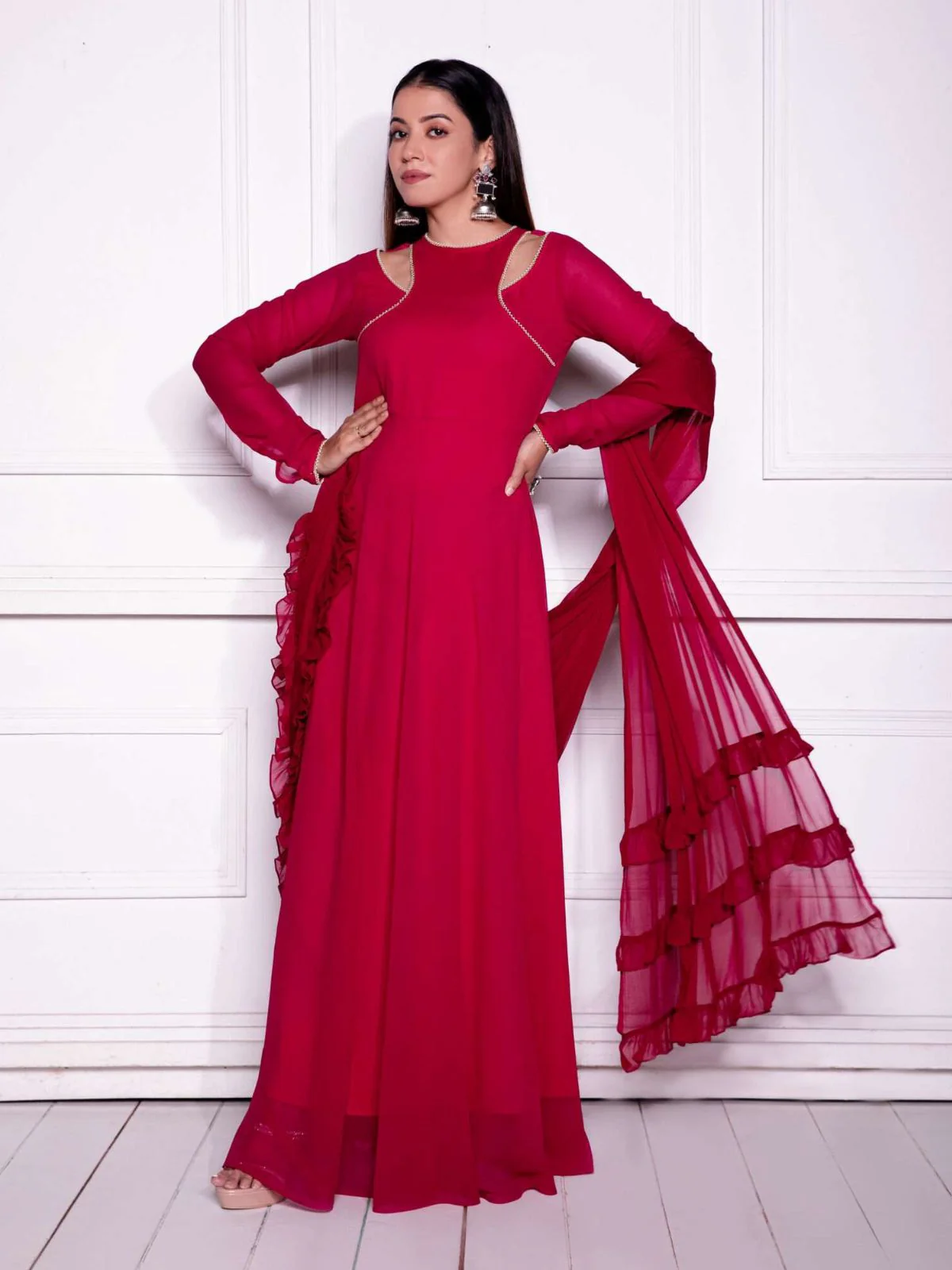 Odette Red Georgette Beads Stitched Gown For women - Image 3