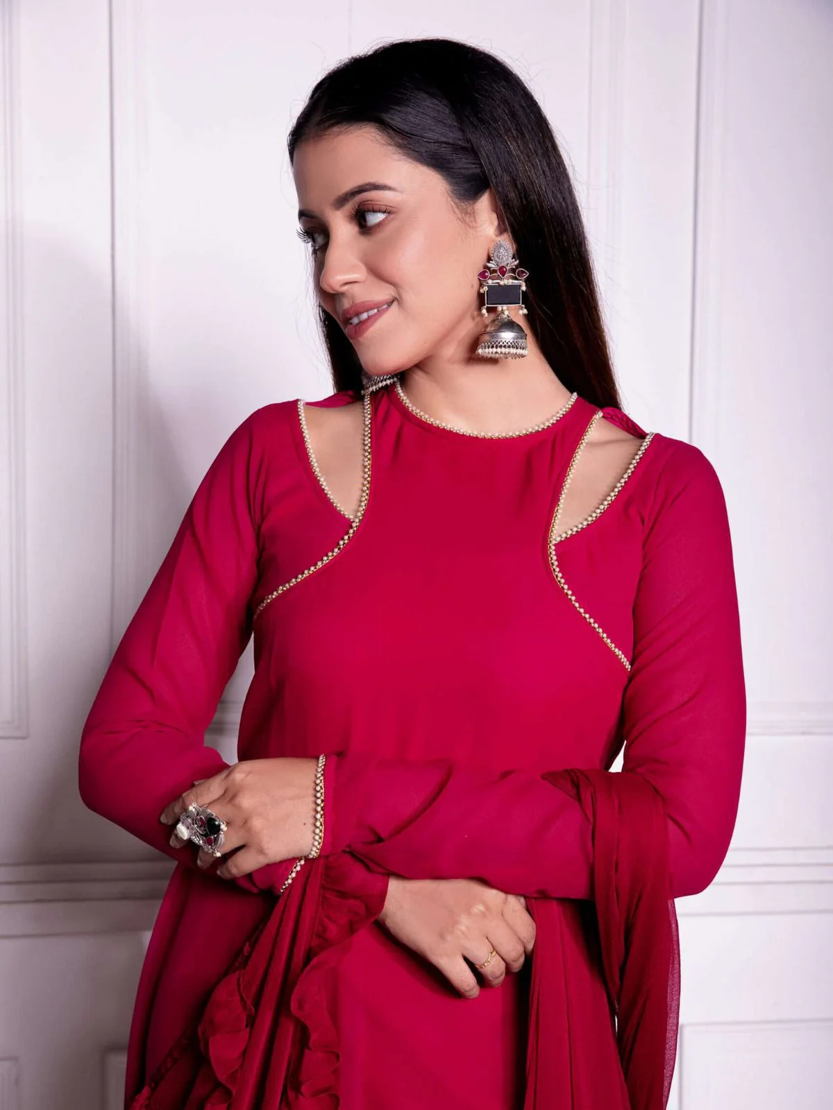 Odette Red Georgette Beads Stitched Gown For women - Image 4