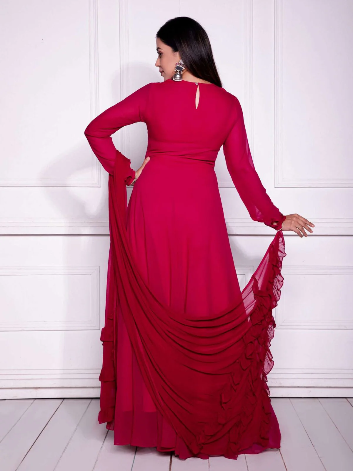 Odette Red Georgette Beads Stitched Gown For women - Image 5