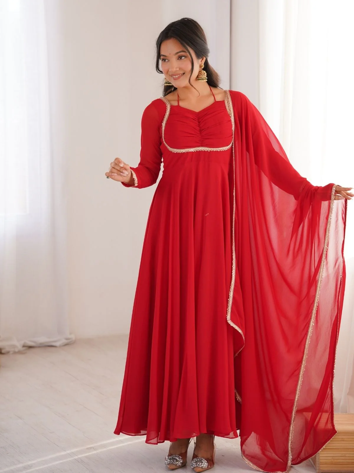 Odette Red Georgette Embellished Kurta Set For Women