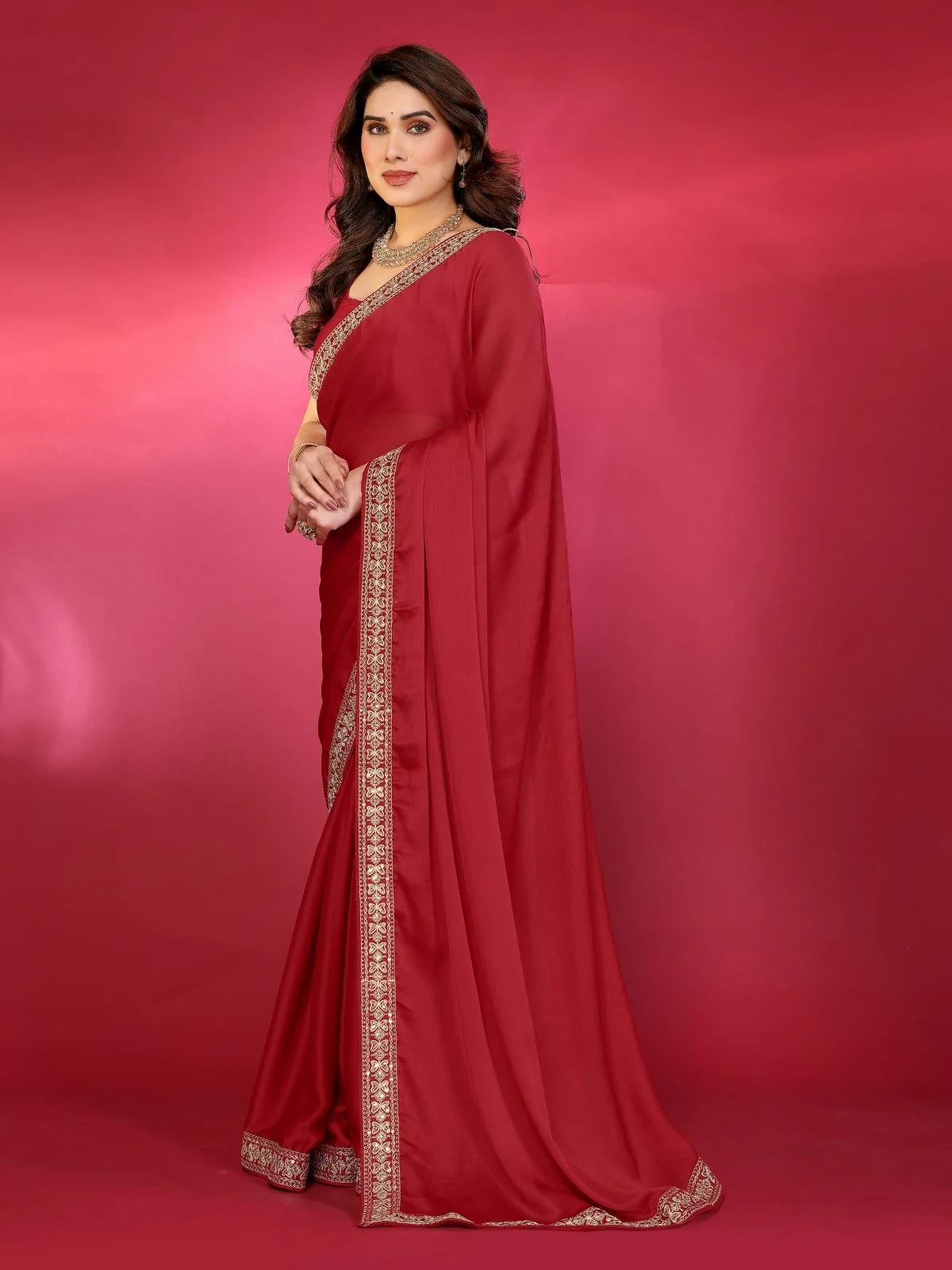 Odette Red Georgette Embellished Saree For Women - Image 2