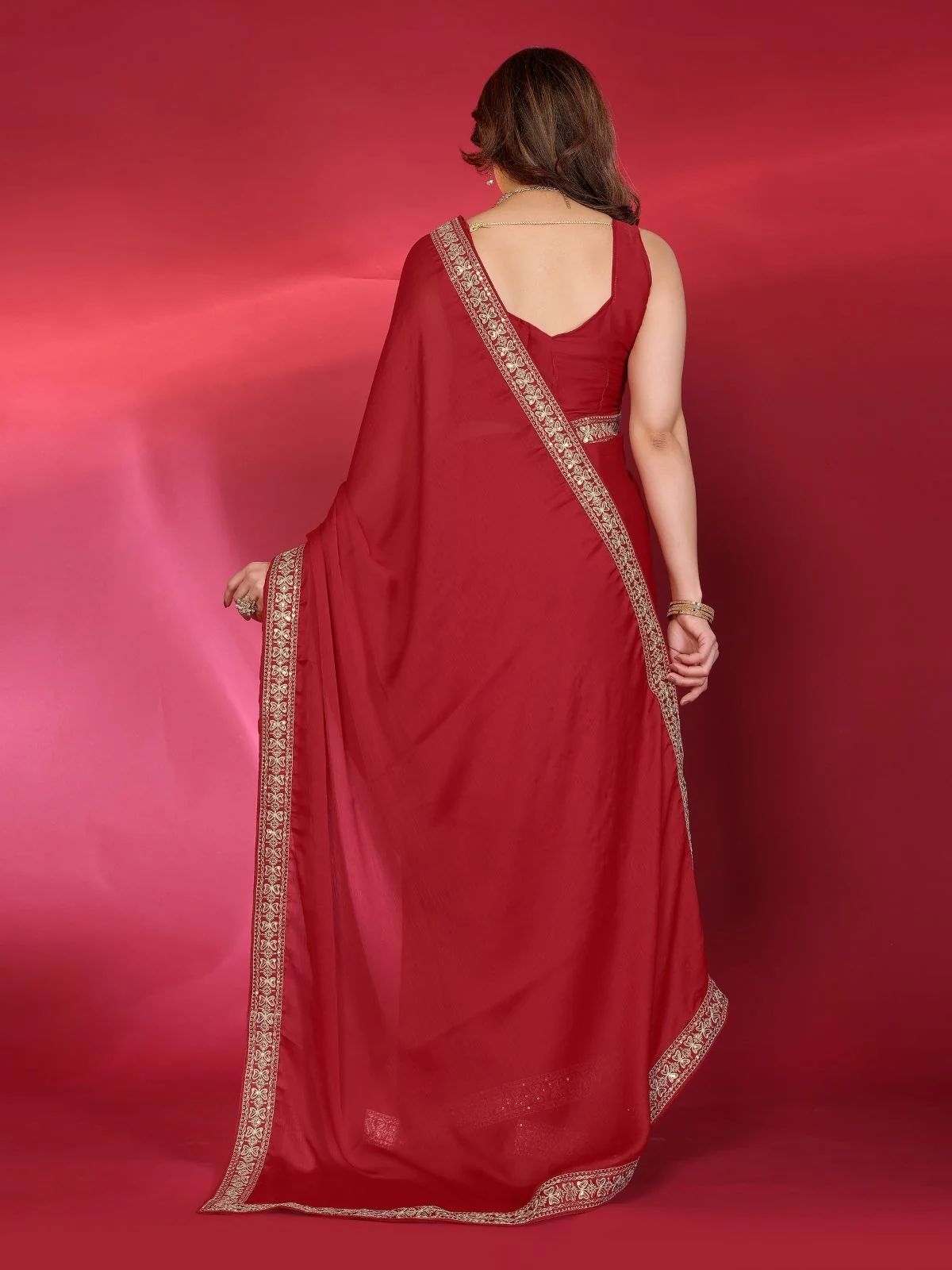 Odette Red Georgette Embellished Saree For Women - Image 3
