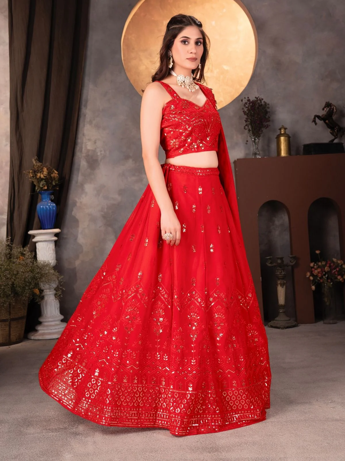 Odette Red Georgette Embellished Semi Stitched Lehenga For Women - Image 3