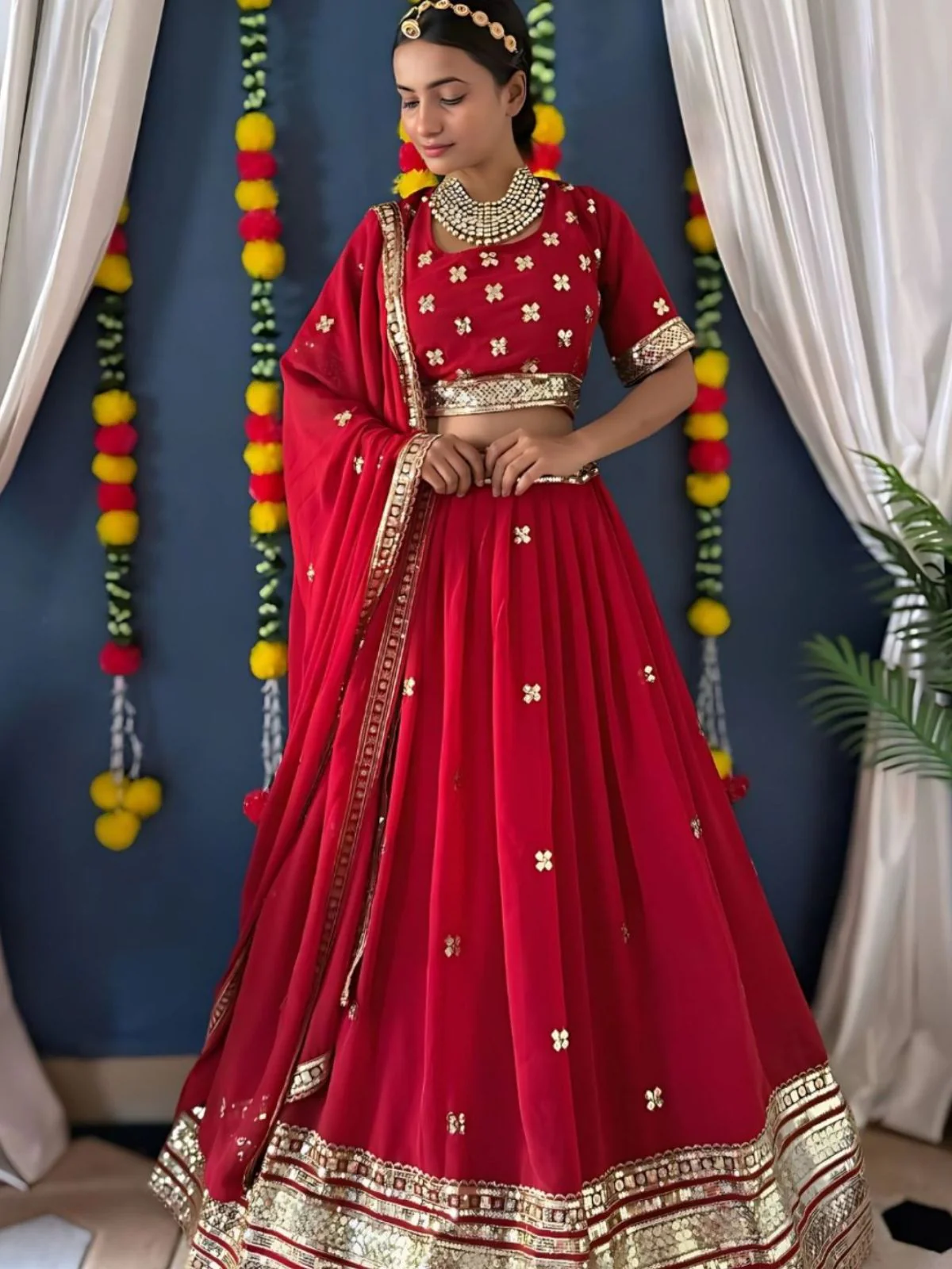 Odette Red Georgette Embellished Semi-Stitched lehenga For Women - Image 3