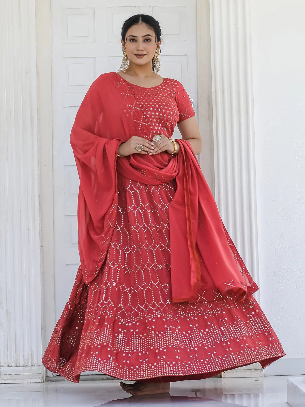 Odette Red Georgette Embellished Semi Stitched Lehenga With Unstitched Blouse For Women
