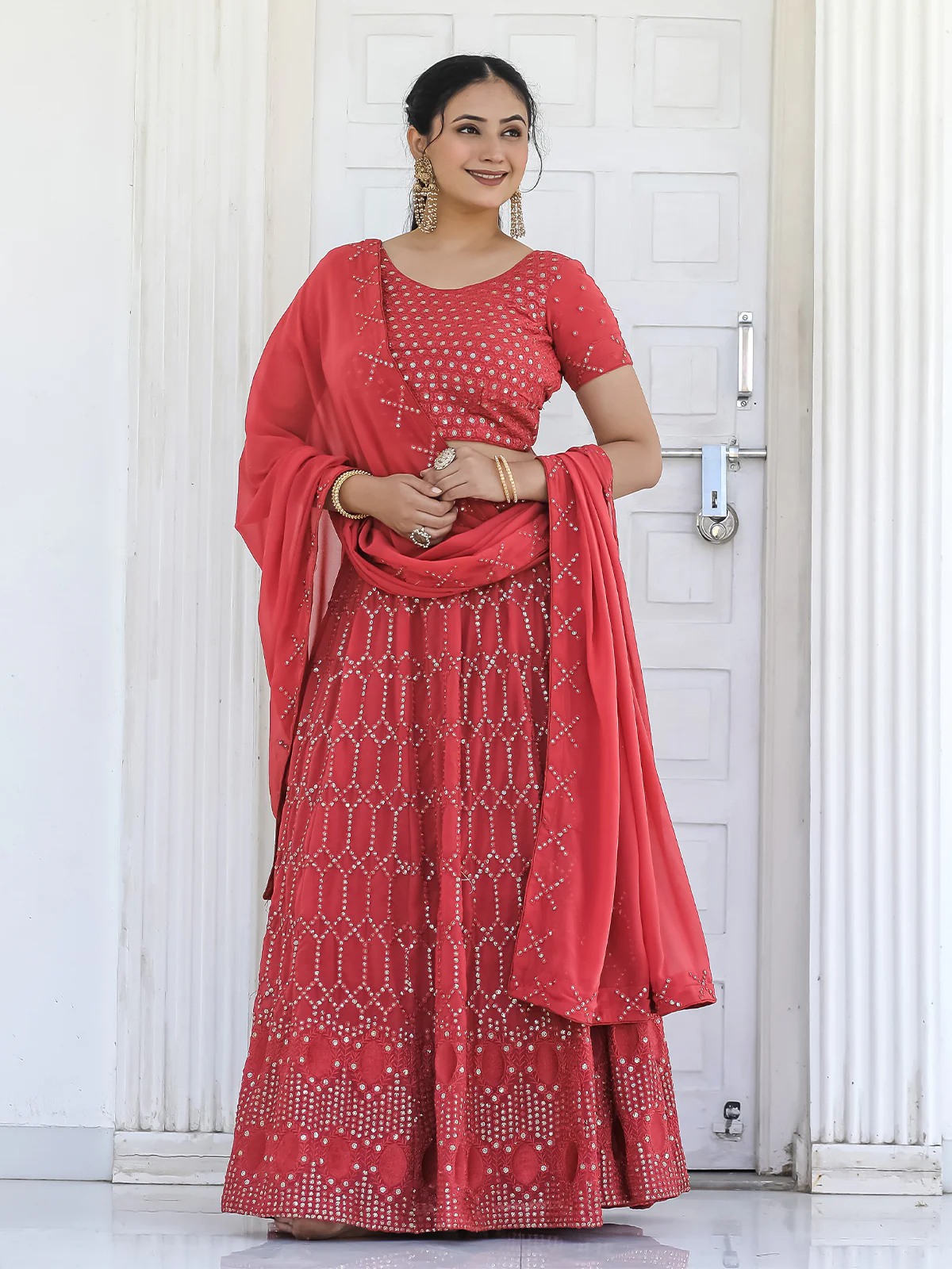 Odette Red Georgette Embellished Semi Stitched Lehenga With Unstitched Blouse For Women - Image 2