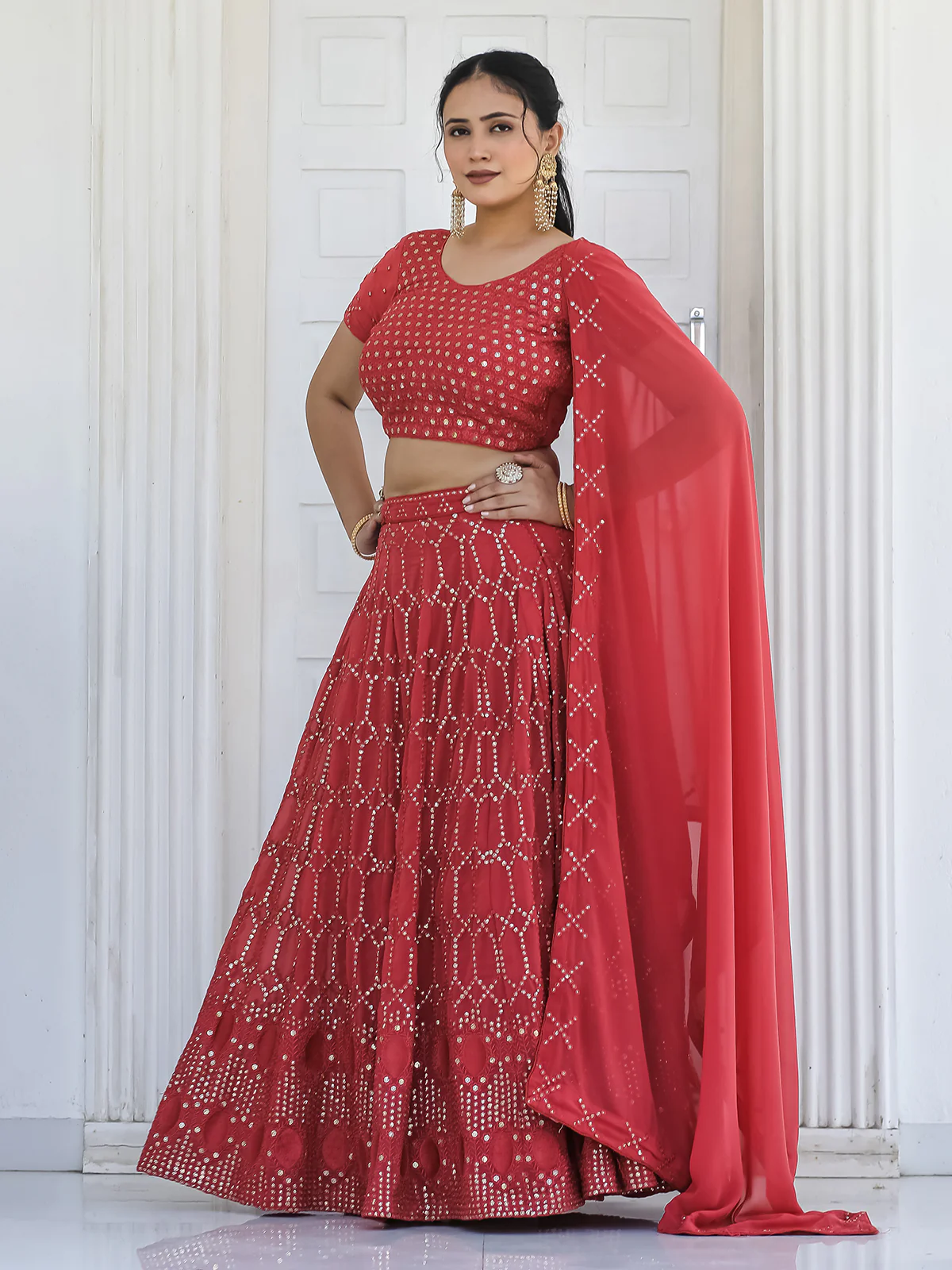 Odette Red Georgette Embellished Semi Stitched Lehenga With Unstitched Blouse For Women - Image 3