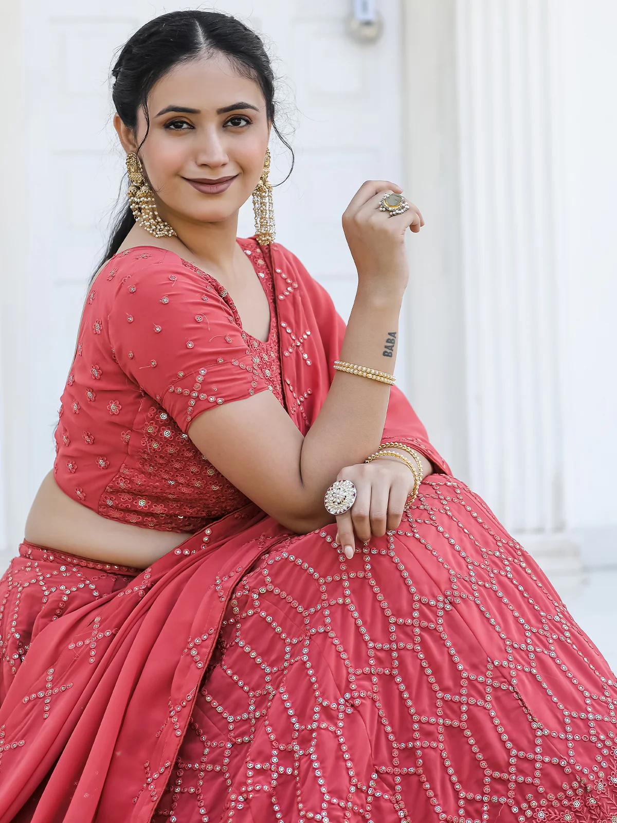 Odette Red Georgette Embellished Semi Stitched Lehenga With Unstitched Blouse For Women - Image 5