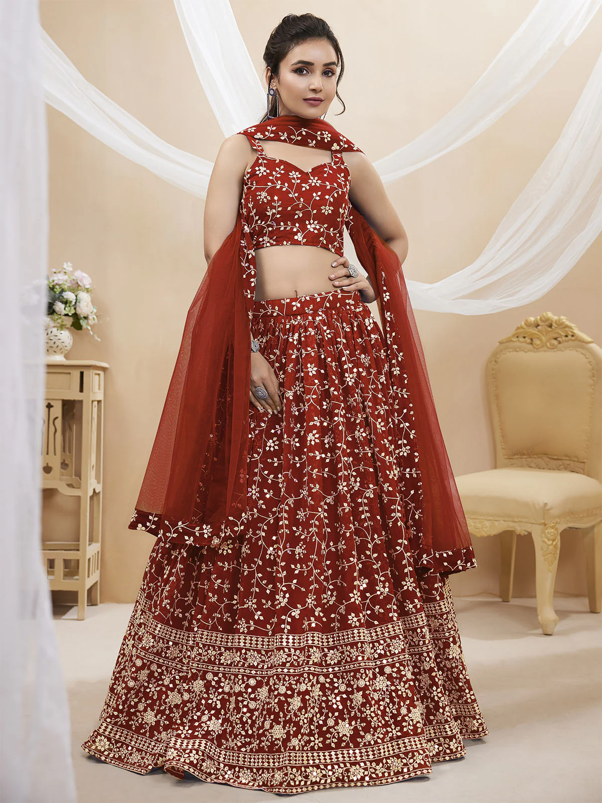 Odette Red Georgette Embellished Semi Stitched Lehenga With Unstitched Blouse For Women - Image 2
