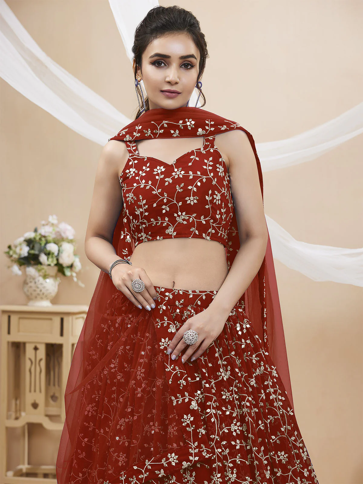Odette Red Georgette Embellished Semi Stitched Lehenga With Unstitched Blouse For Women - Image 4