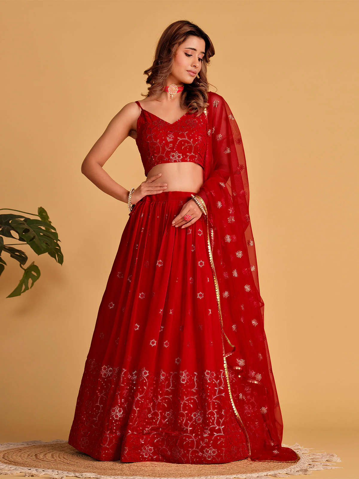 Odette Red Georgette Embellished Semi Stitched Lehenga With Unstitched Blouse For Women - Image 2