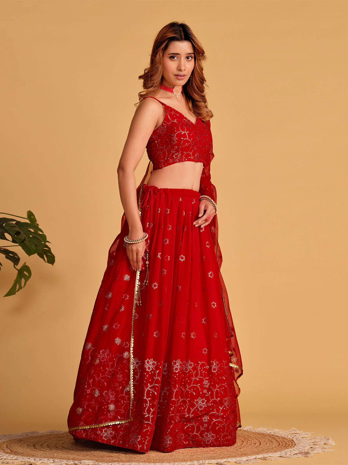 Odette Red Georgette Embellished Semi Stitched Lehenga With Unstitched Blouse For Women - Image 3