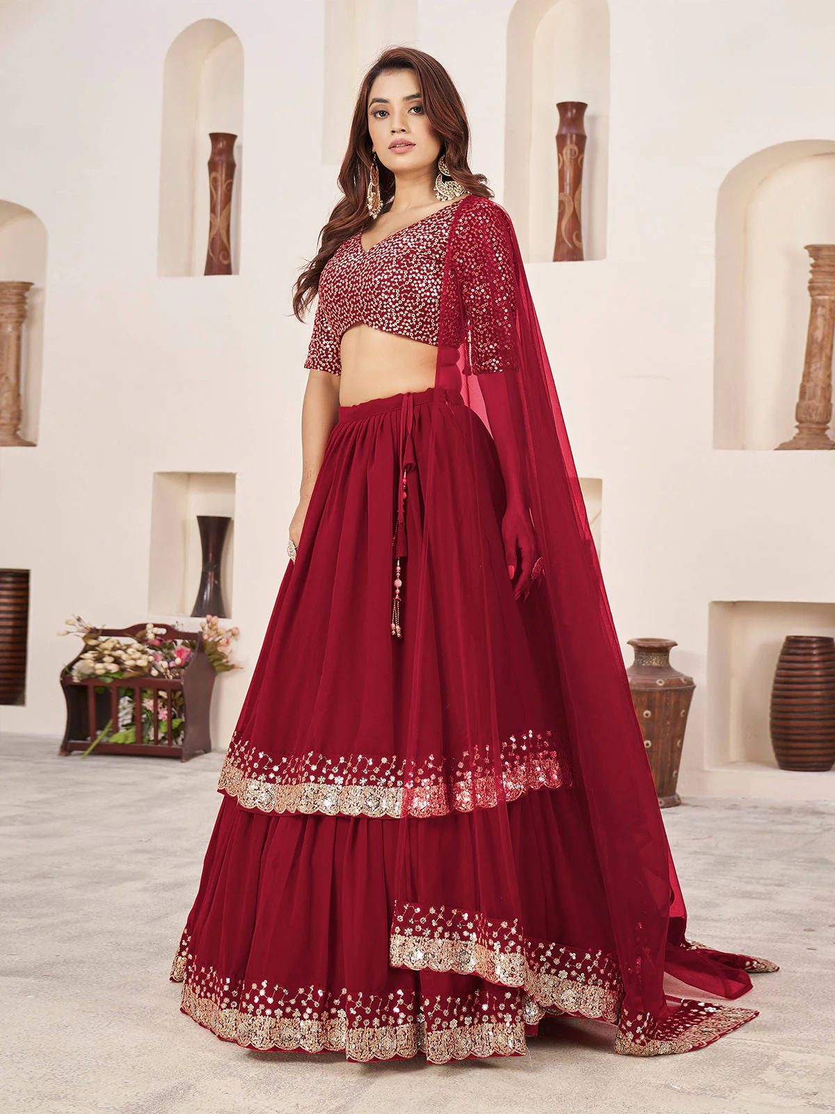Odette Red Georgette Embellished Semi Stitched Lehenga With Unstitched Blouse For Women - Image 2
