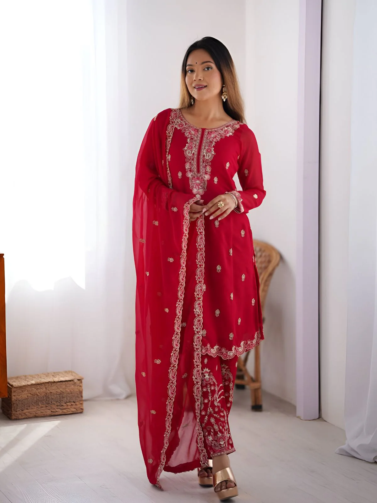 Odette Red Georgette Embroidered & Cutwork Kurta Set For Women