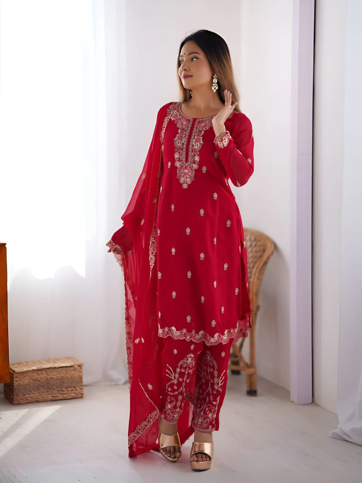 Odette Red Georgette Embroidered & Cutwork Kurta Set For Women - Image 2