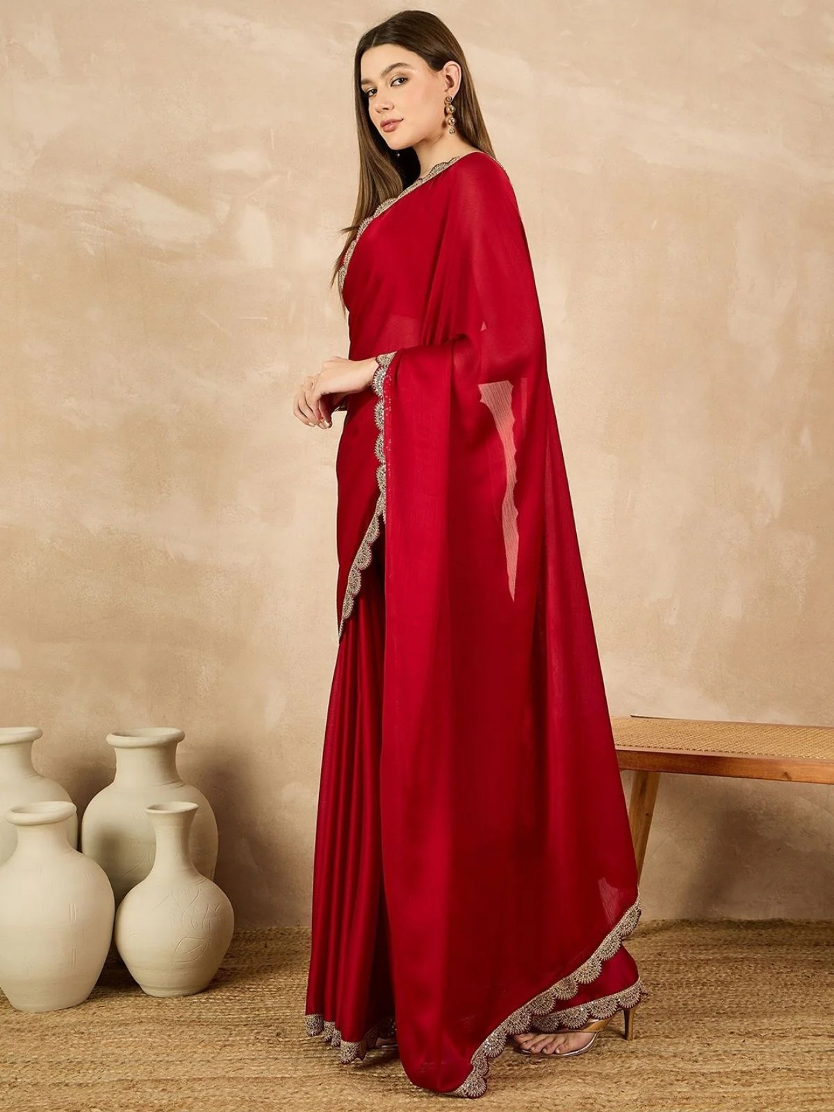 Odette Red Georgette Embroidered Saree For Women - Image 2