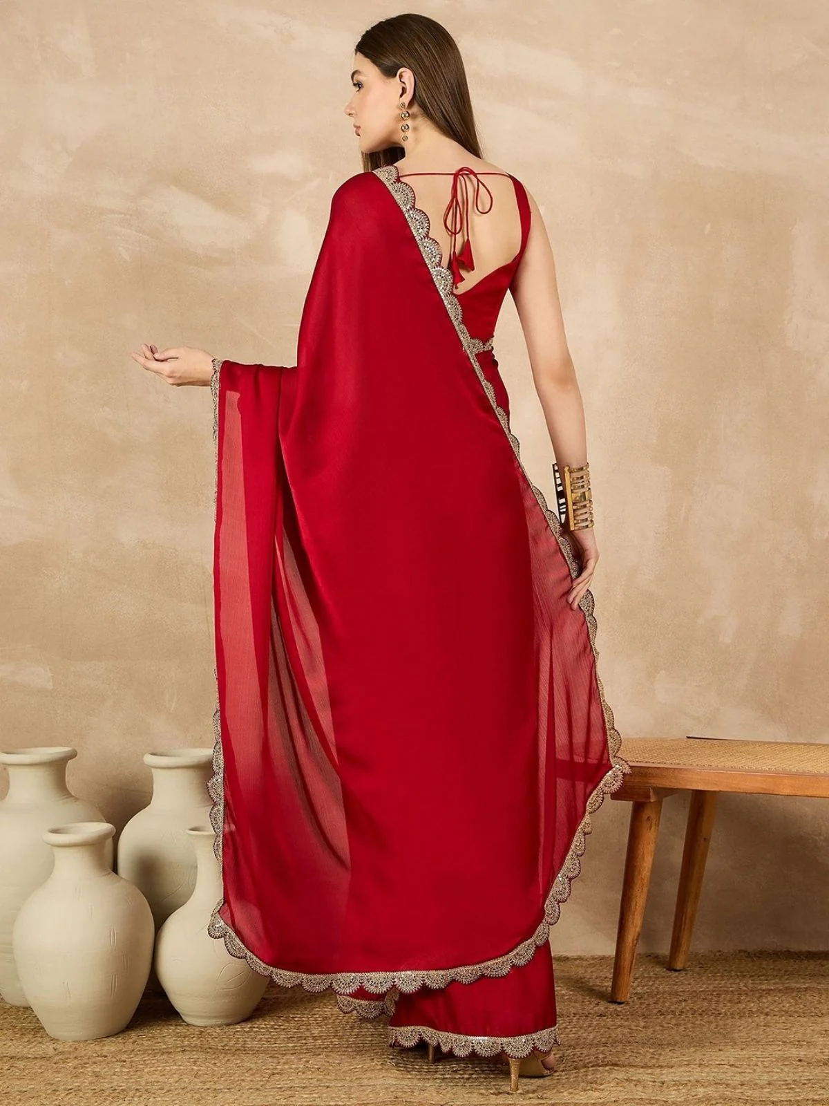 Odette Red Georgette Embroidered Saree For Women - Image 3