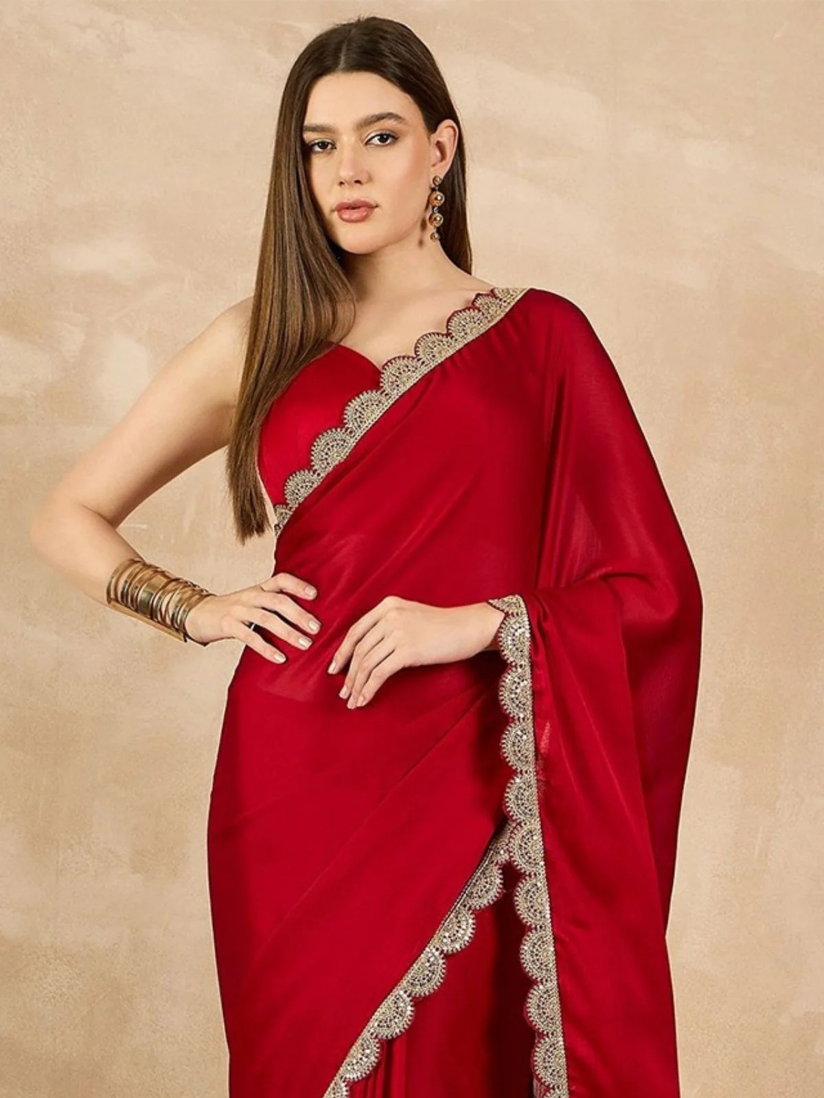 Odette Red Georgette Embroidered Saree For Women - Image 4