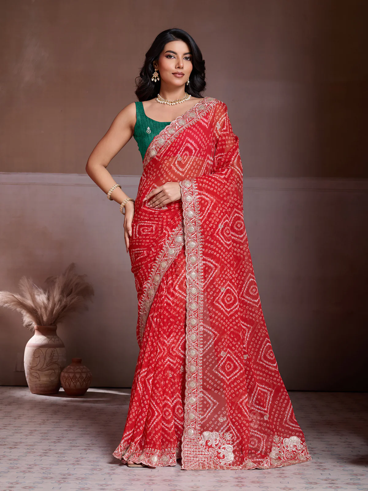 Odette Red Georgette Embroidered Saree For Women
