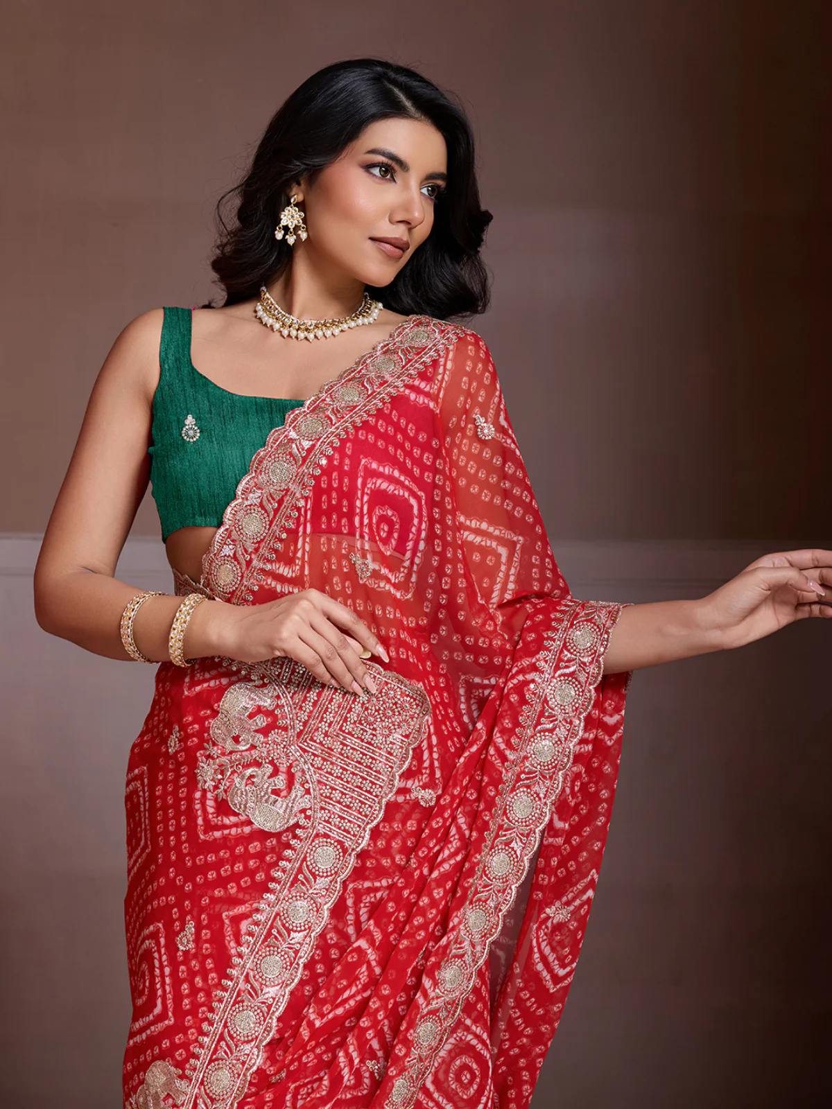 Odette Red Georgette Embroidered Saree For Women - Image 4