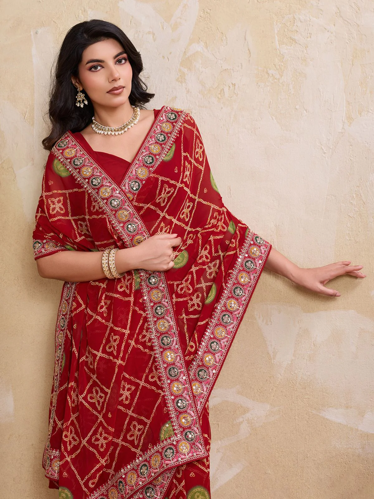 Odette Red Georgette Embroidered Saree For Women - Image 5