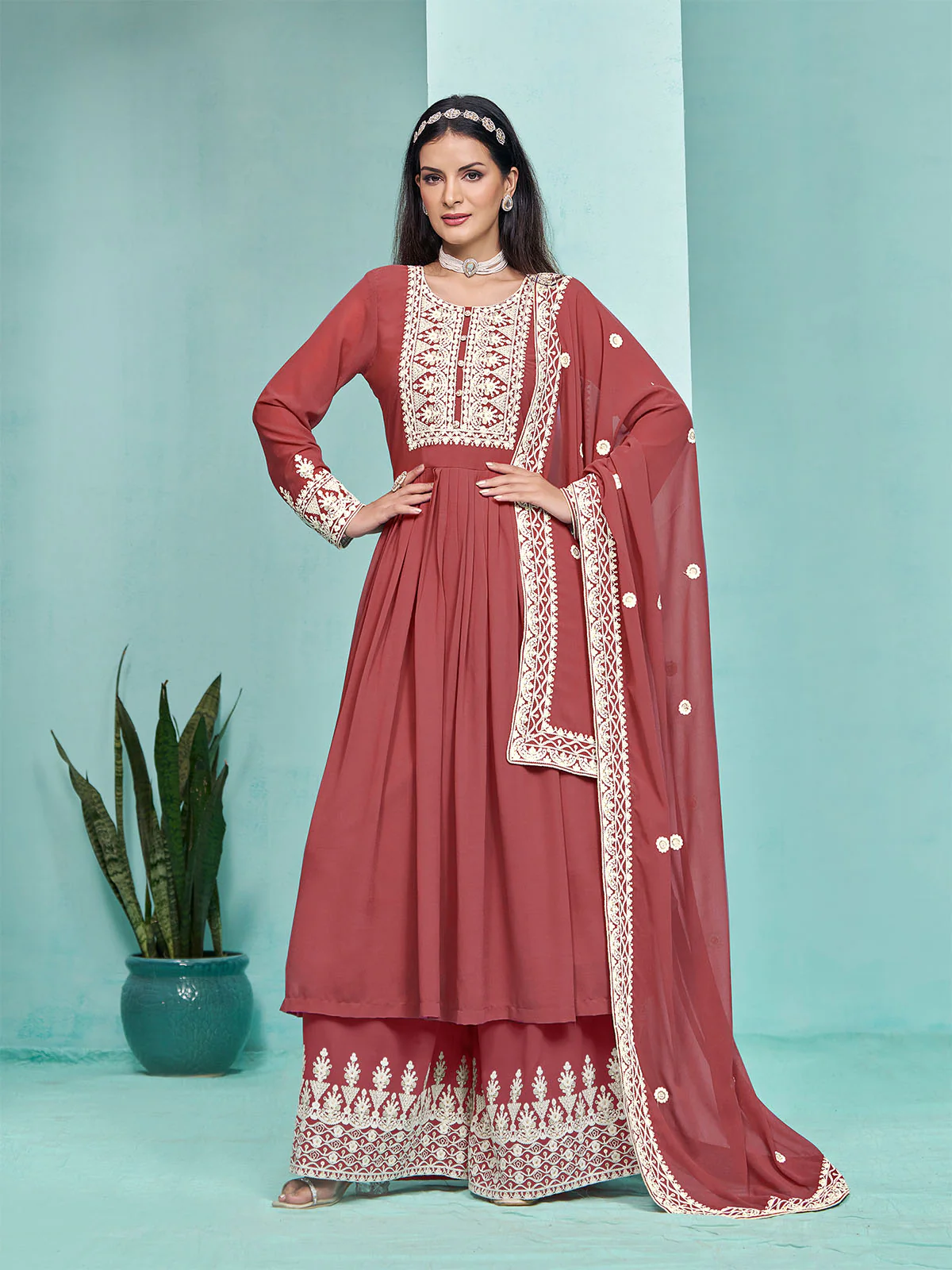 Odette Red Georgette Embroidered Semi Stitched Kurta Set For Women - Image 2
