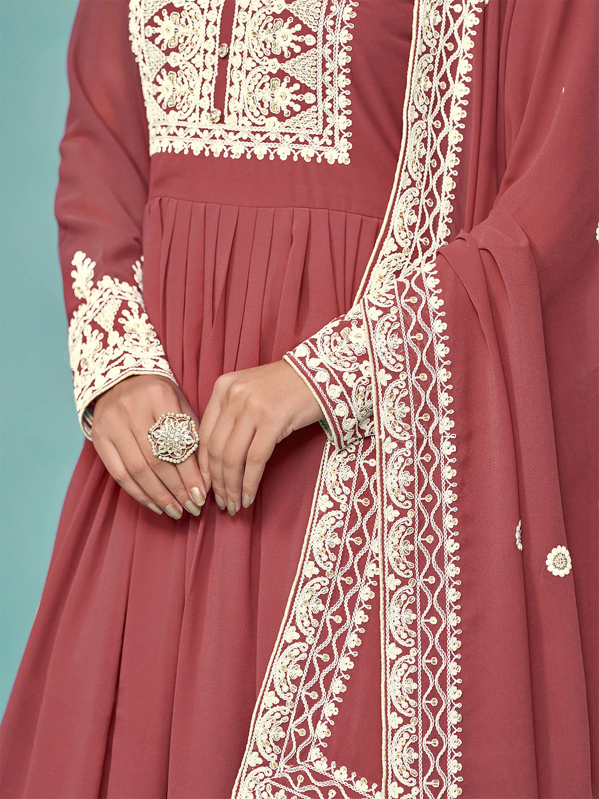 Odette Red Georgette Embroidered Semi Stitched Kurta Set For Women - Image 4