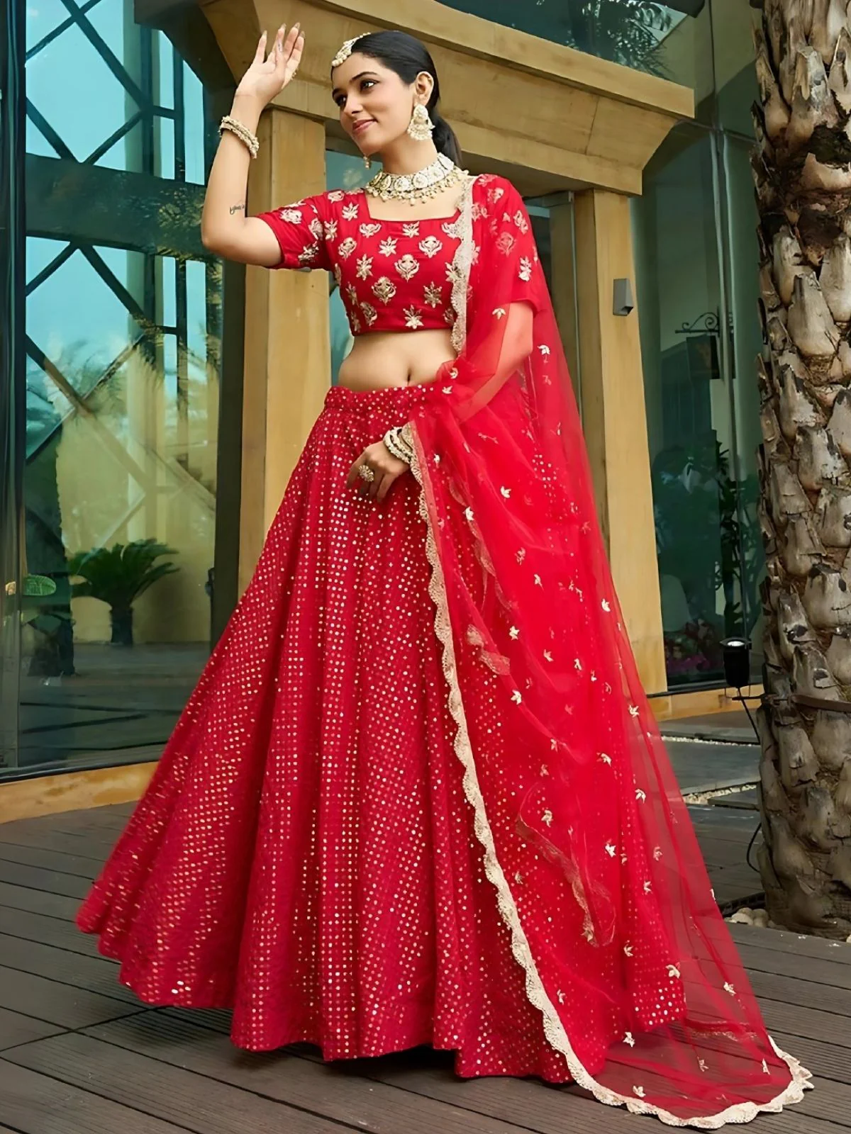 Odette Red Georgette Embroidered Semi-Stitched Lehenga For Women