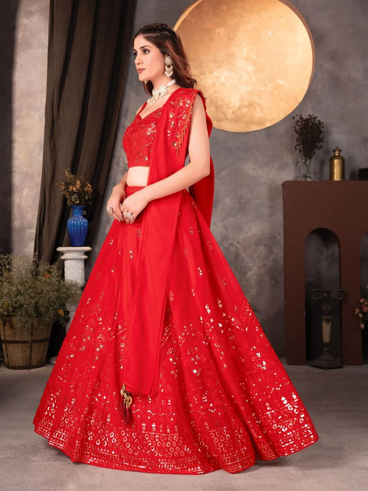 Odette Red Georgette Embroidered Semi-Stitched lehenga For Women - Image 3