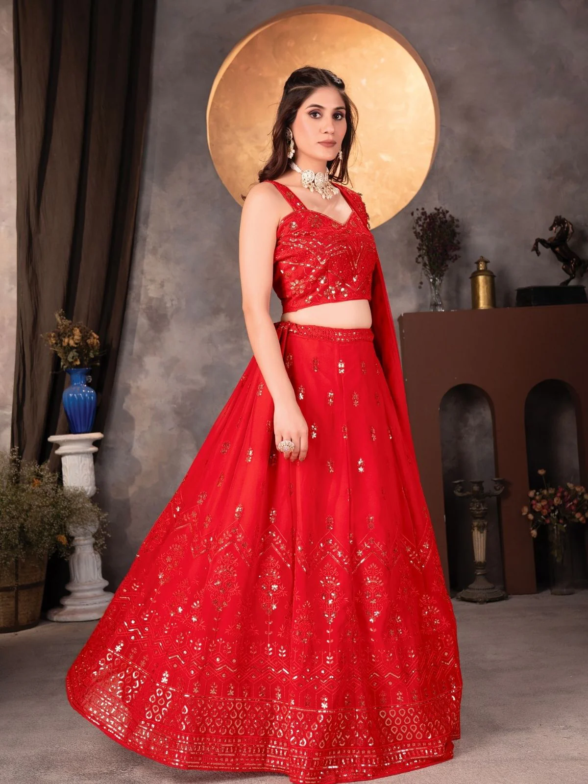 Odette Red Georgette Embroidered Semi-Stitched lehenga For Women - Image 4