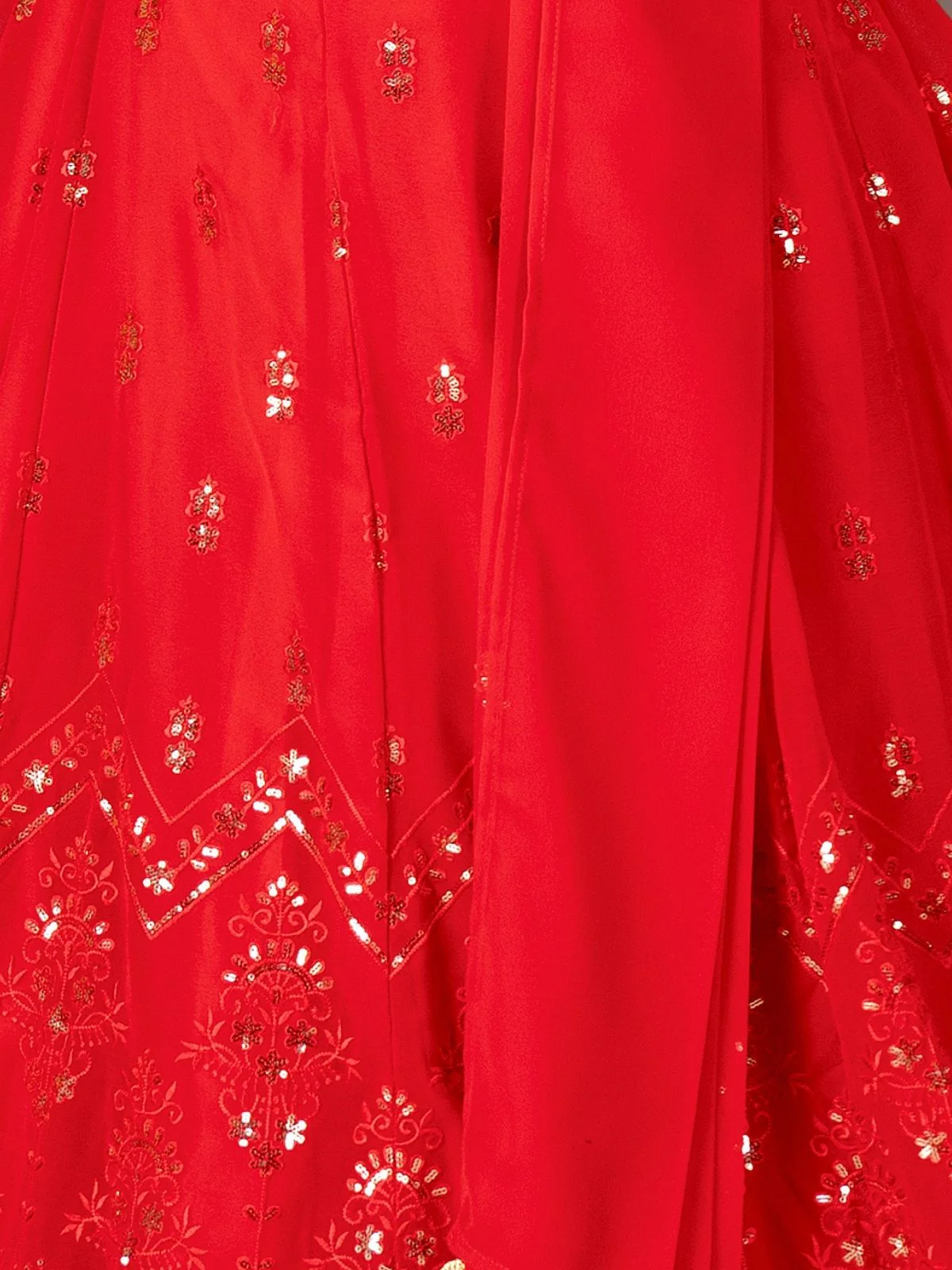Odette Red Georgette Embroidered Semi-Stitched lehenga For Women - Image 7
