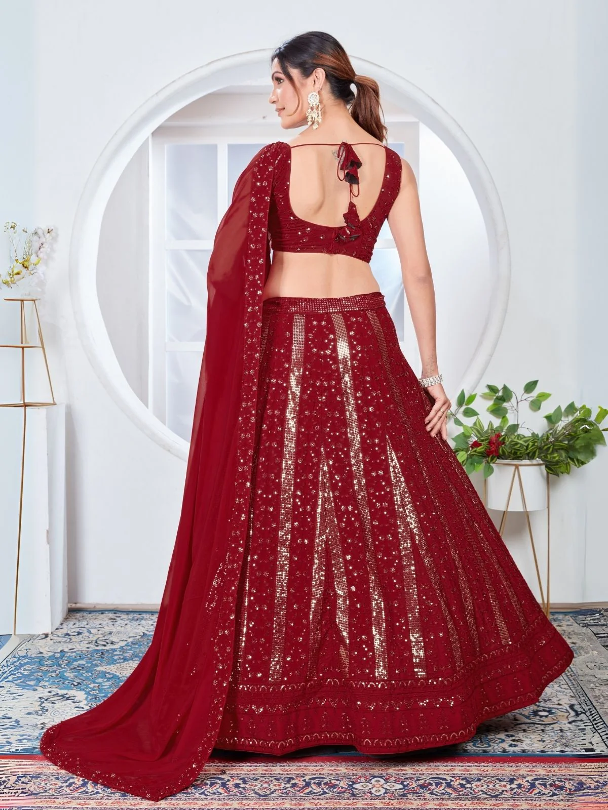 Odette Red Georgette Embroidered Semi-Stitched Lehenga For Women - Image 2