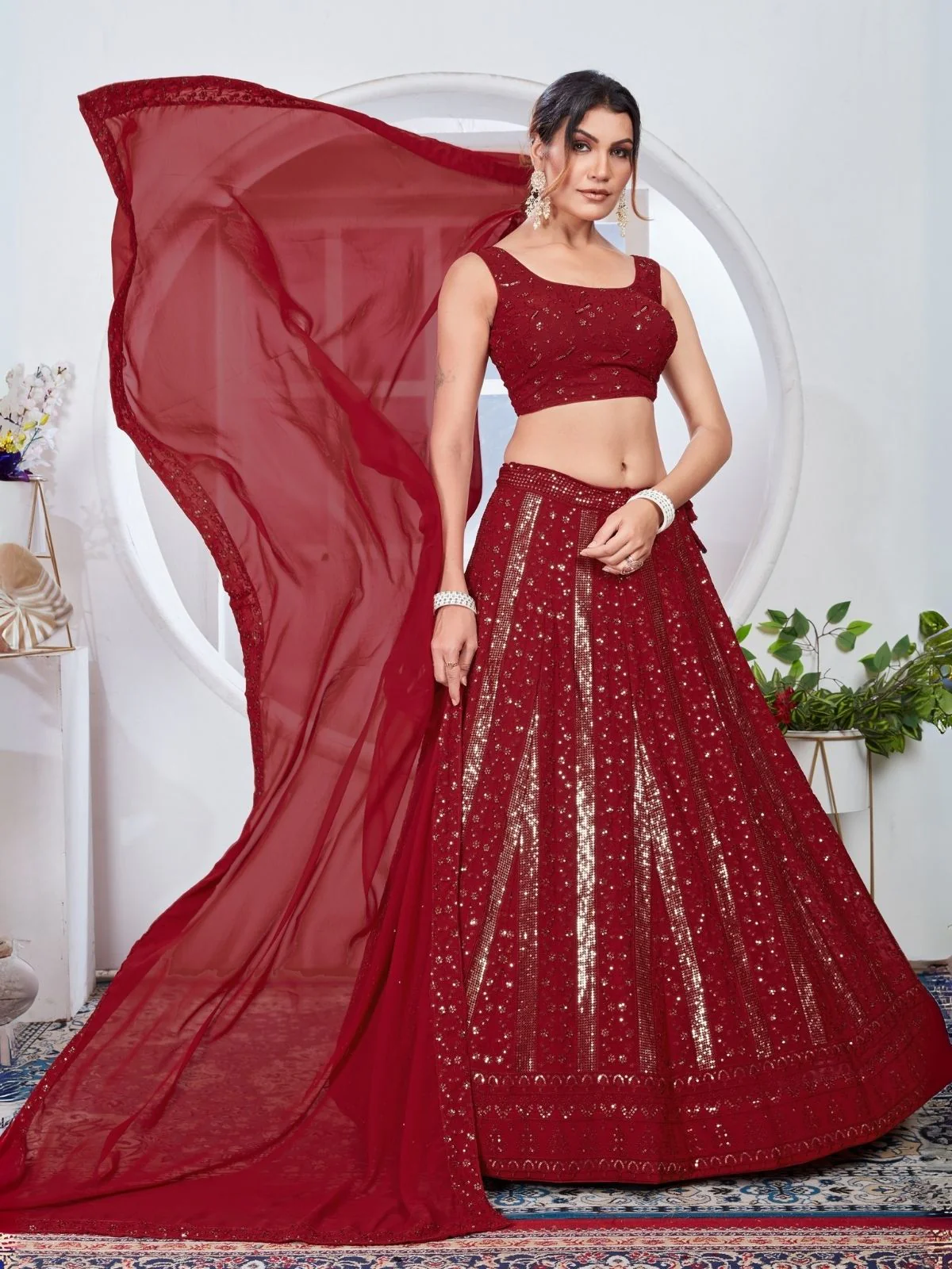 Odette Red Georgette Embroidered Semi-Stitched Lehenga For Women - Image 6
