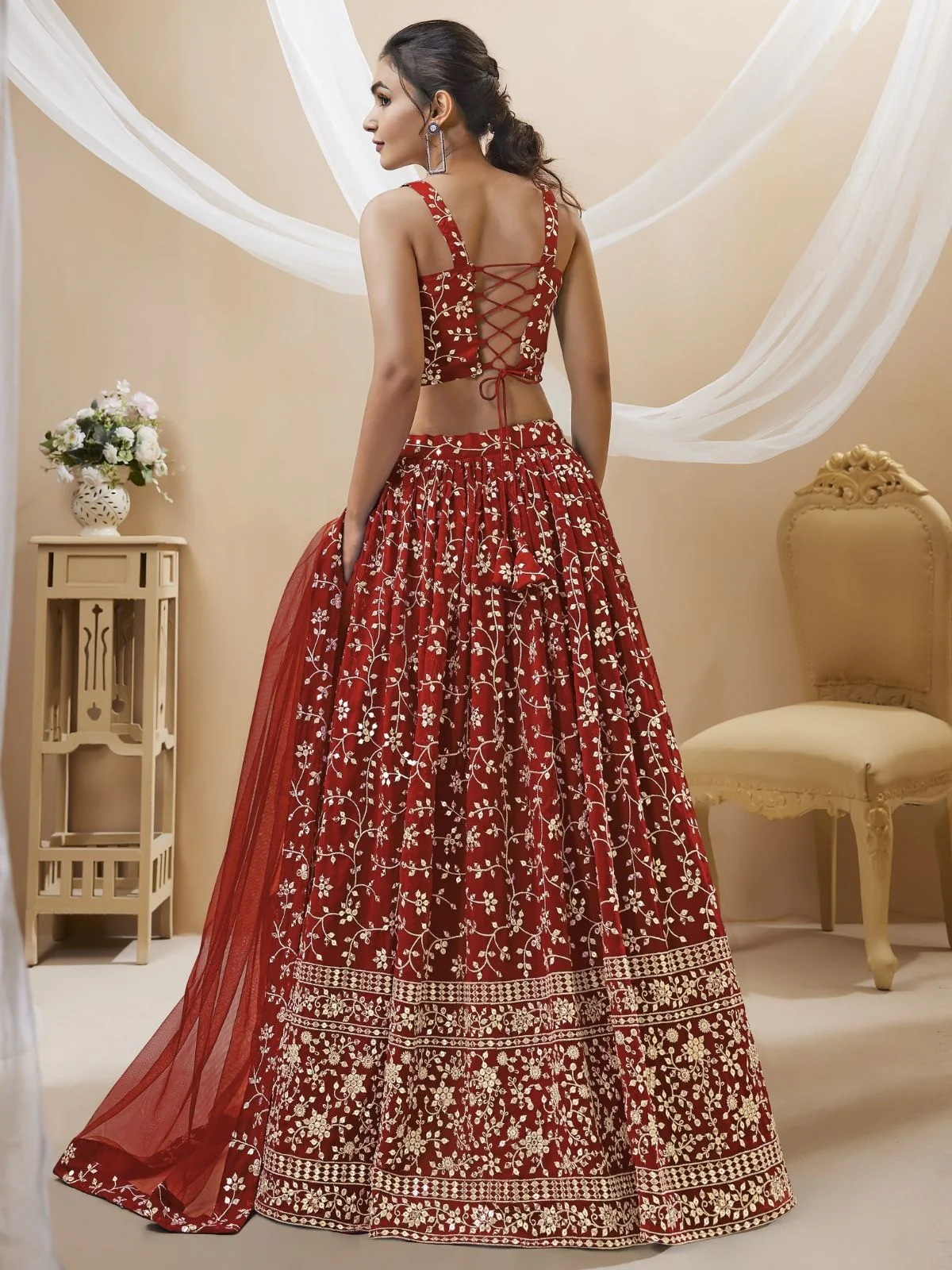 Odette Red Georgette Embroidered Semi-Stitched Lehenga For Women - Image 2
