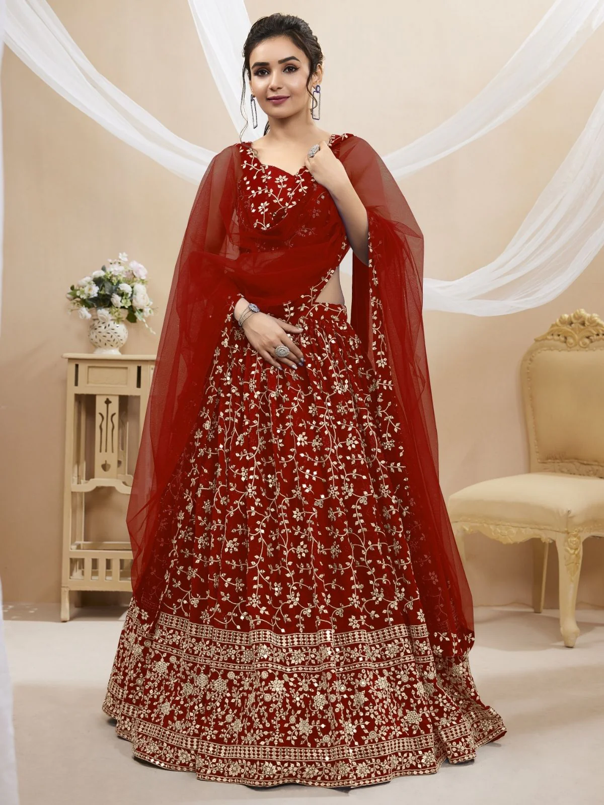 Odette Red Georgette Embroidered Semi-Stitched Lehenga For Women - Image 3