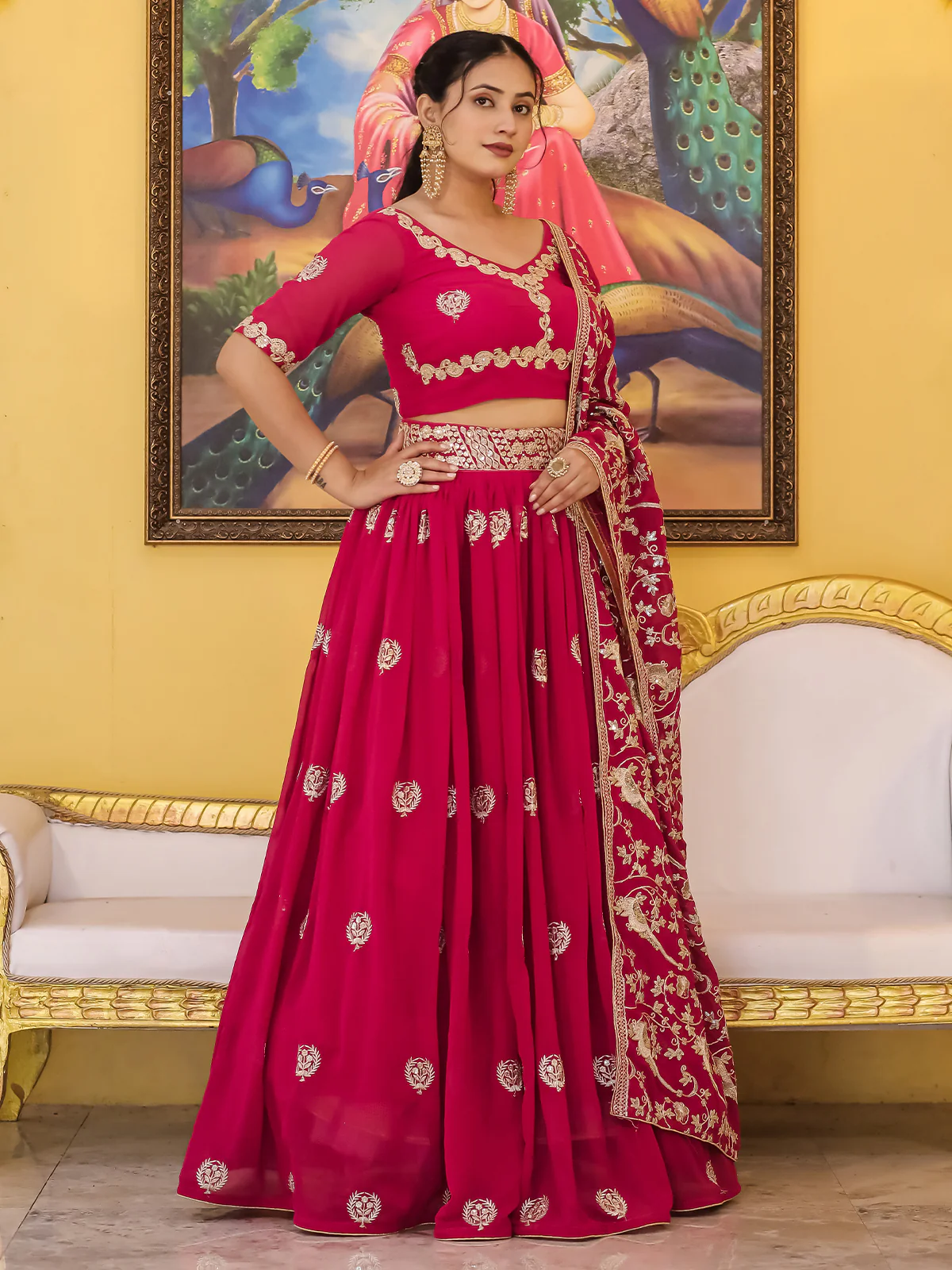 Odette Magenta Georgette Embroidered Semi Stitched Lehenga With Unstitched Blouse For Women - Image 3