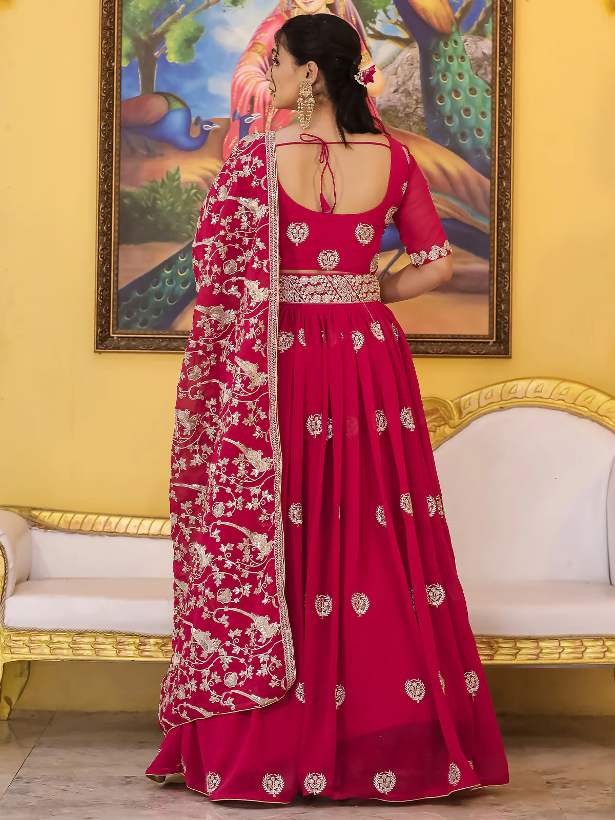 Odette Magenta Georgette Embroidered Semi Stitched Lehenga With Unstitched Blouse For Women - Image 4