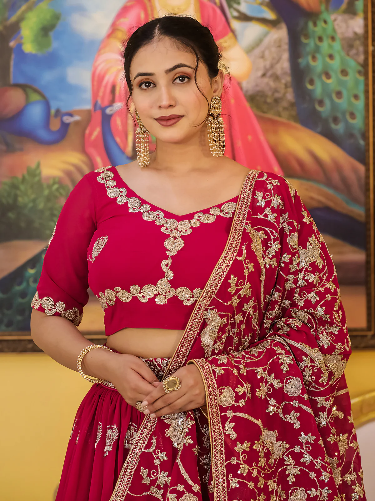 Odette Magenta Georgette Embroidered Semi Stitched Lehenga With Unstitched Blouse For Women - Image 6