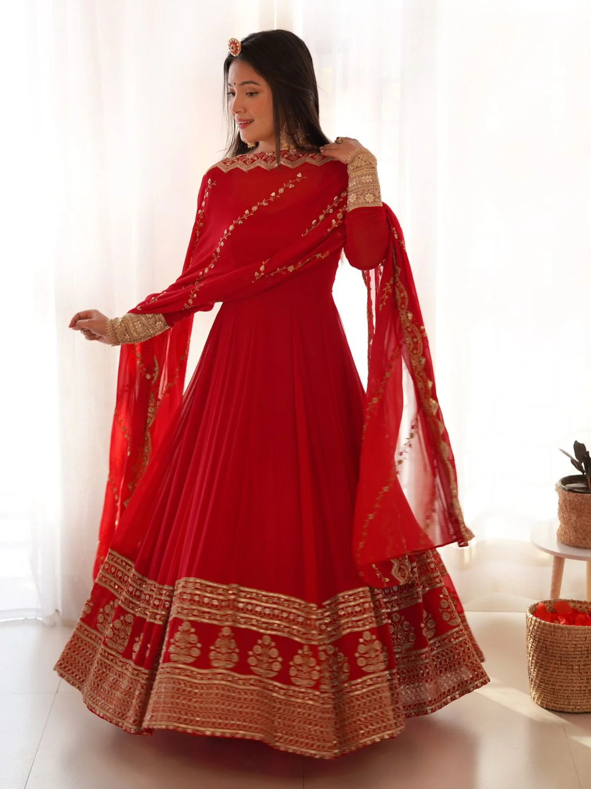 Odette Red Georgette Embroidered Stitched Gown For women - Image 2